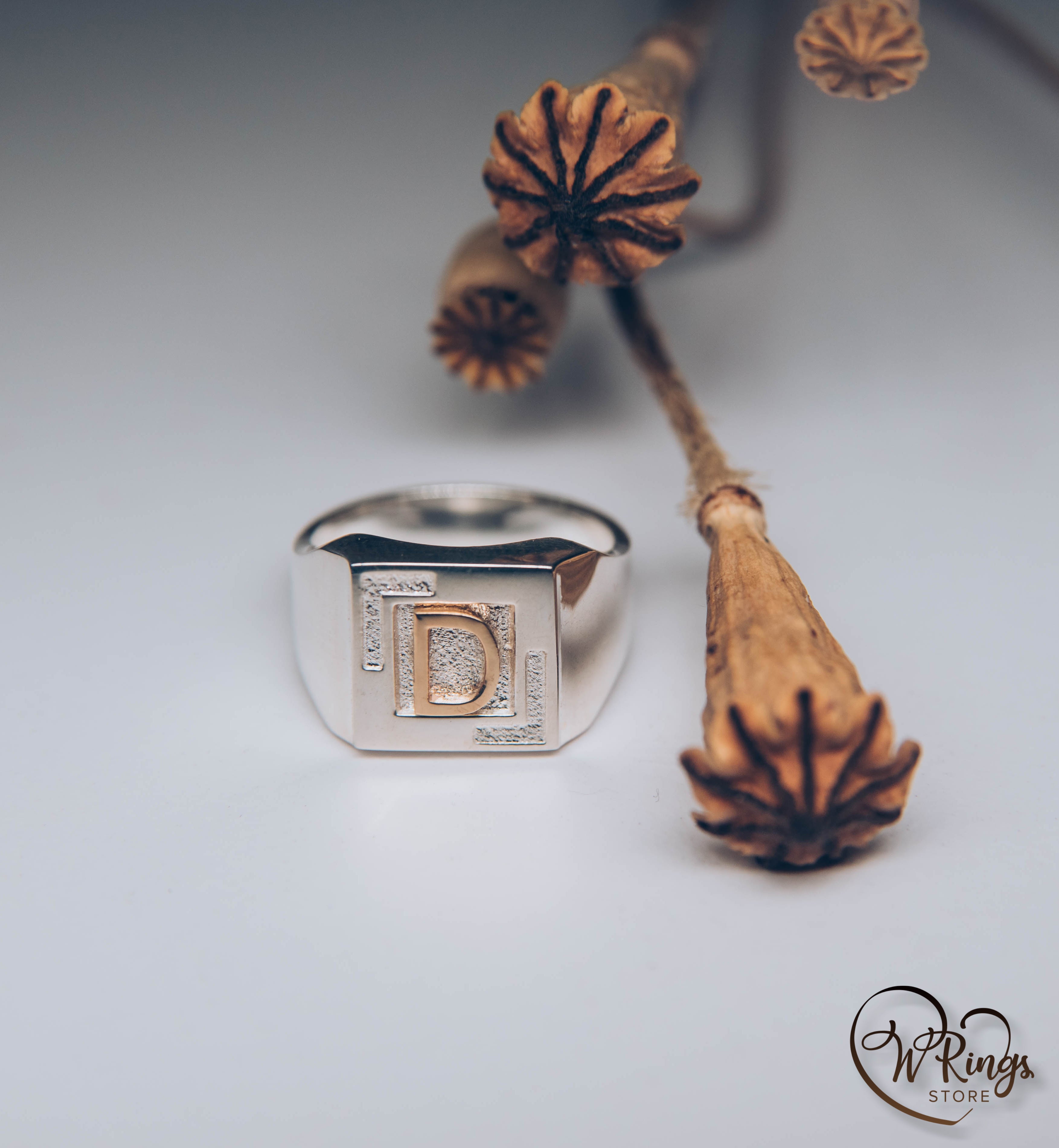 Personalized Gold Letter D on Silver Square Signet Ring