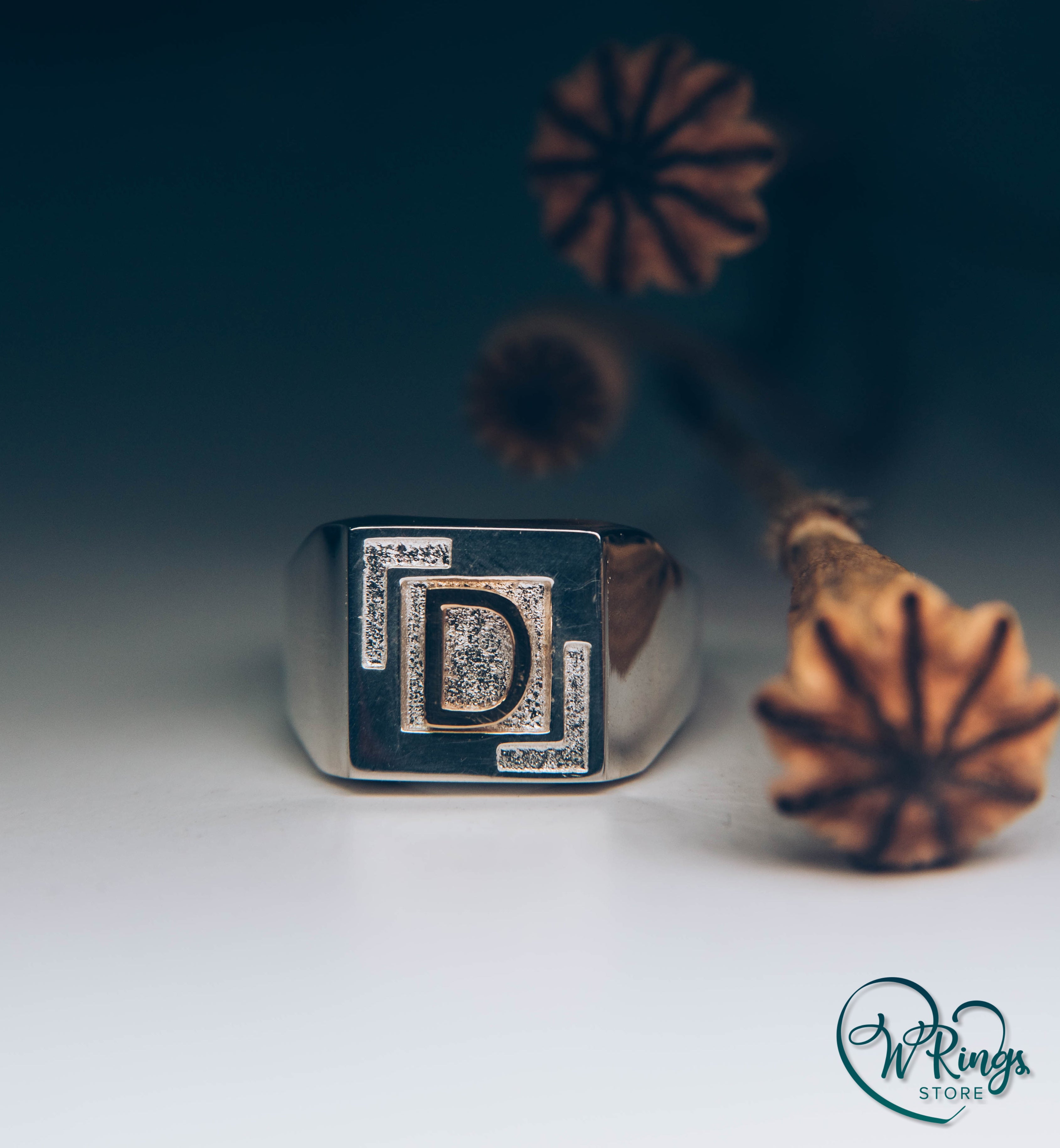 Personalized Gold Letter D on Silver Square Signet Ring