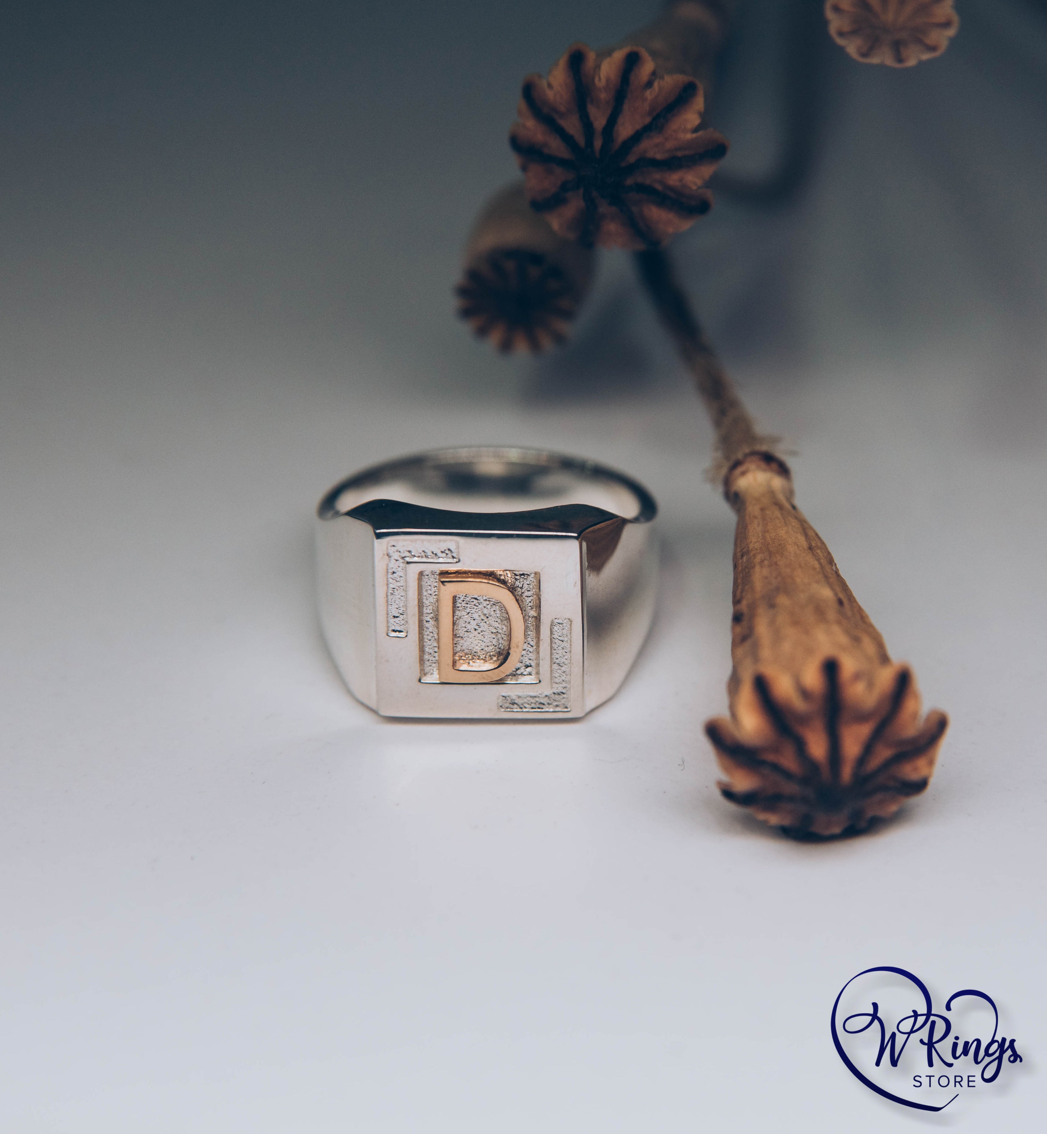 Personalized Gold Letter D on Silver Square Signet Ring