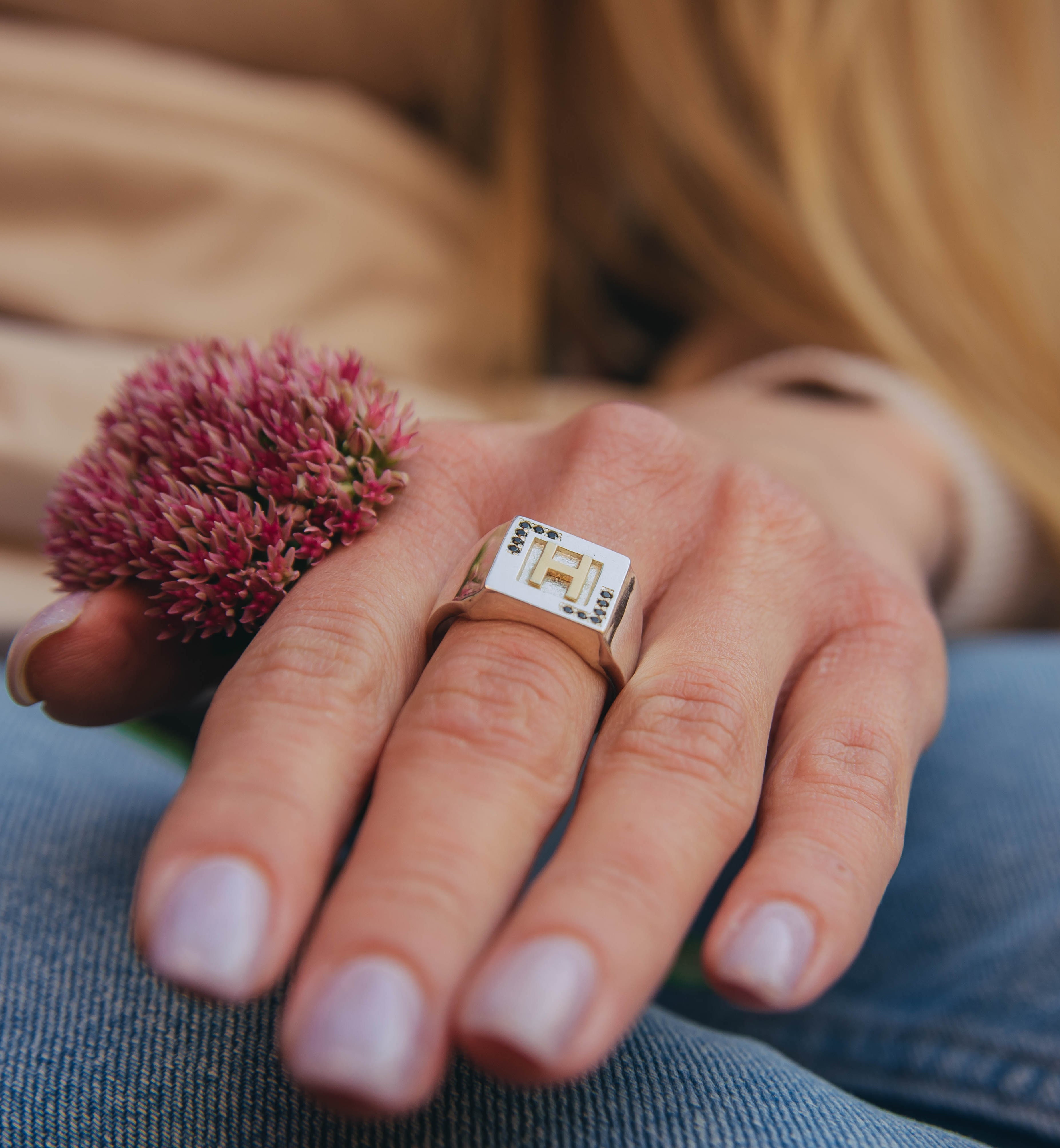 Personalized Gold Letter H on Silver Square Signet Ring with Sapphires