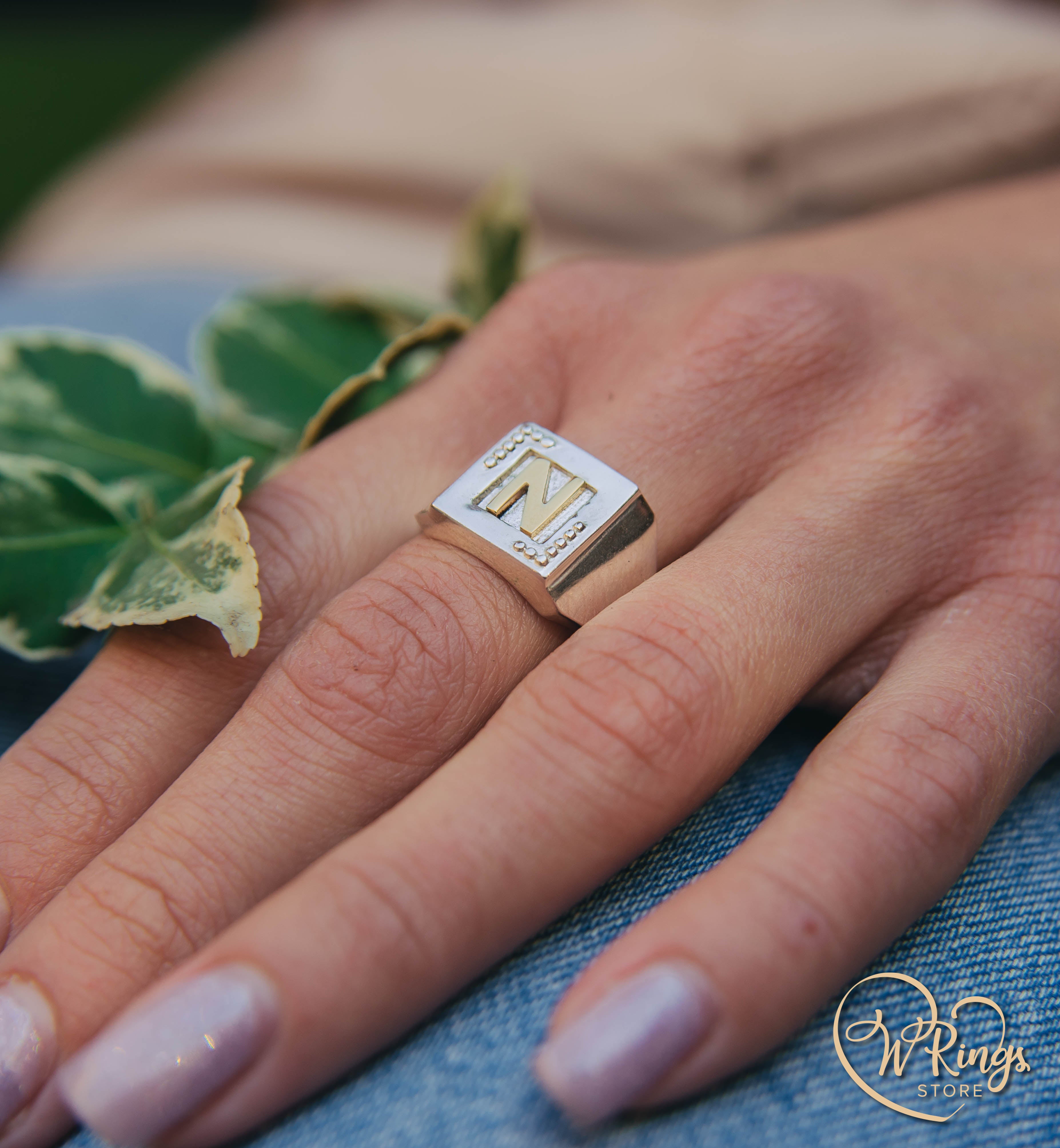 Personalized Gold Letter N on Massive Silver Square Signet Ring