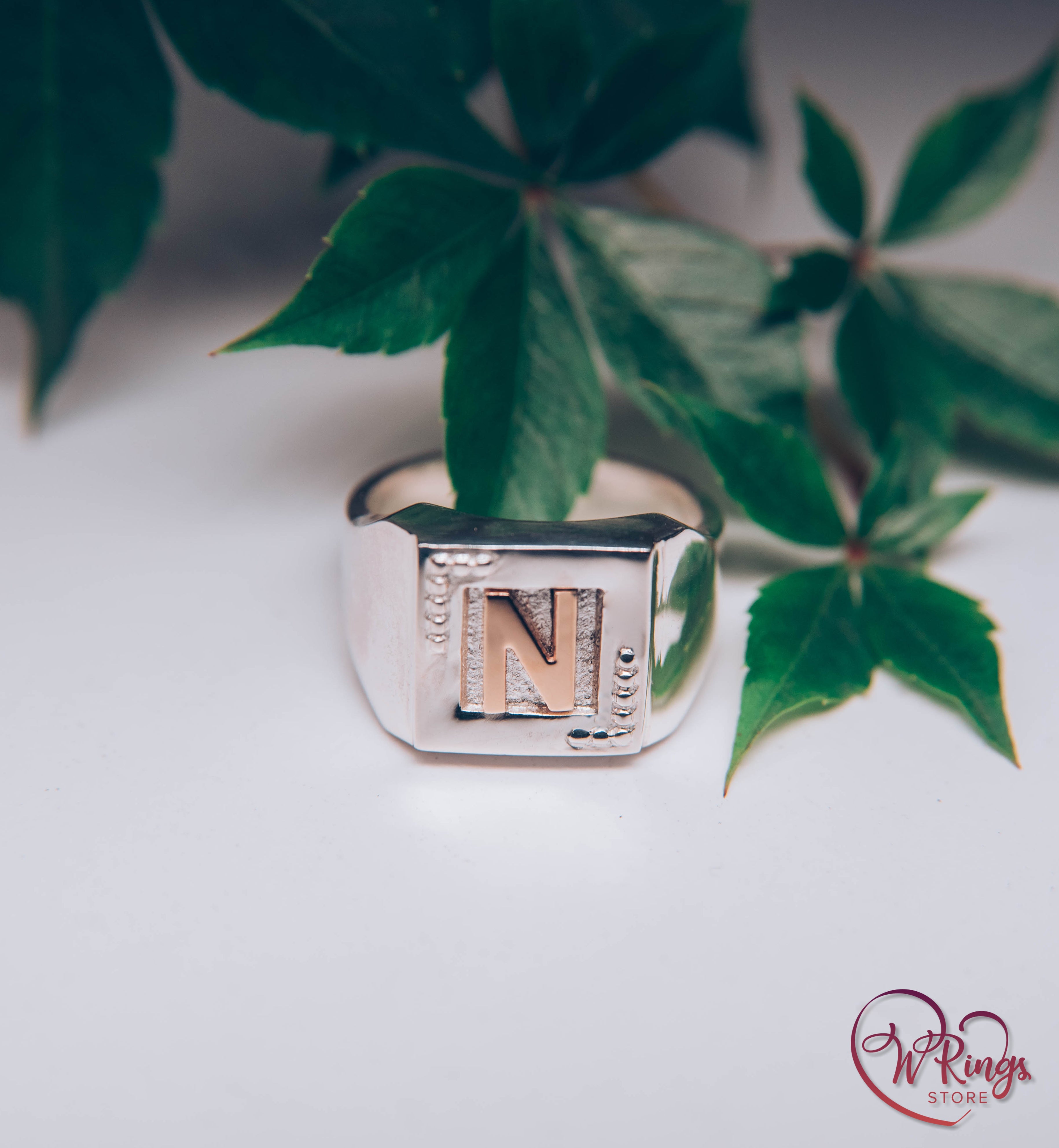 Personalized Gold Letter N on Massive Silver Square Signet Ring