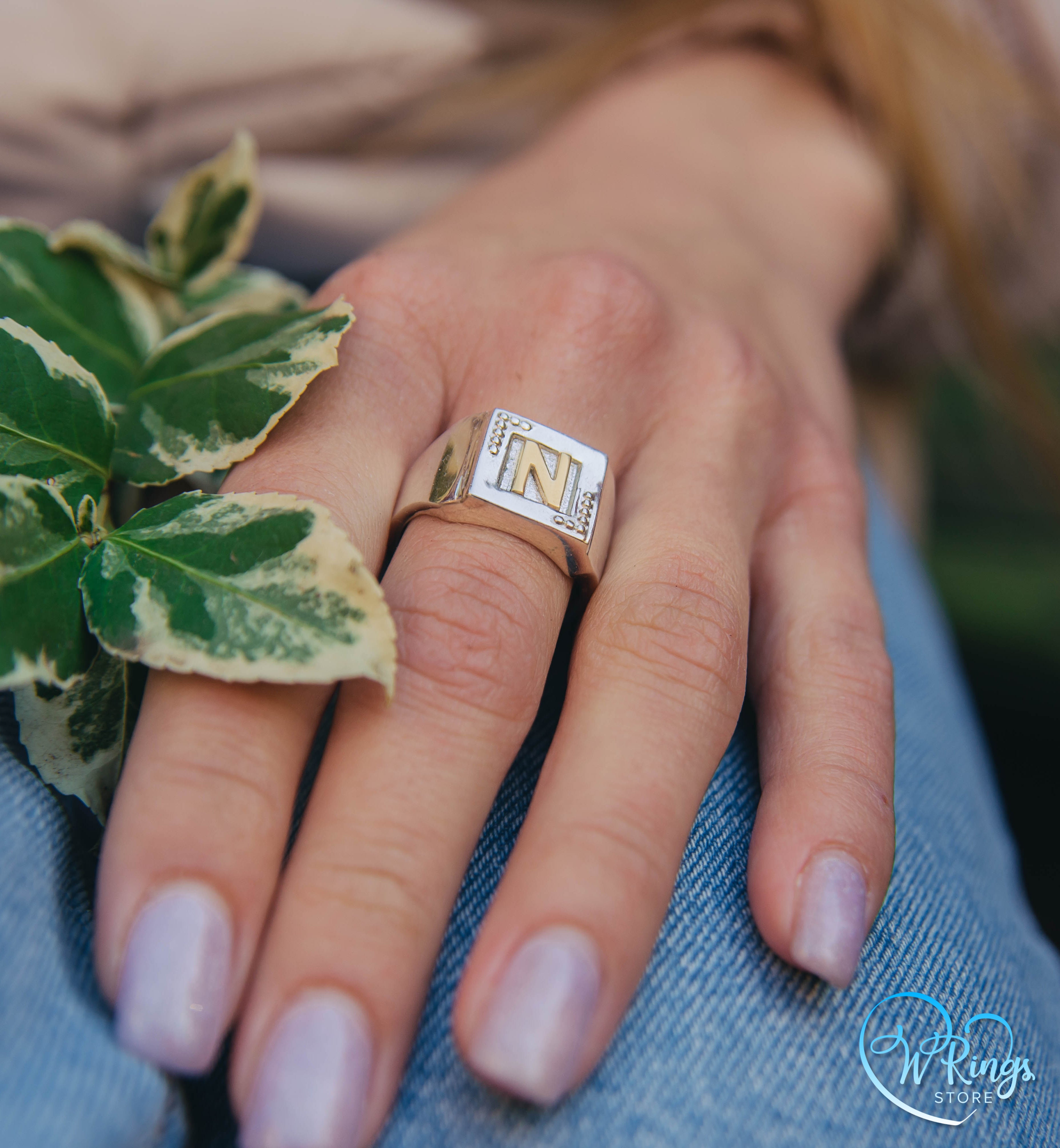 Personalized Gold Letter N on Massive Silver Square Signet Ring