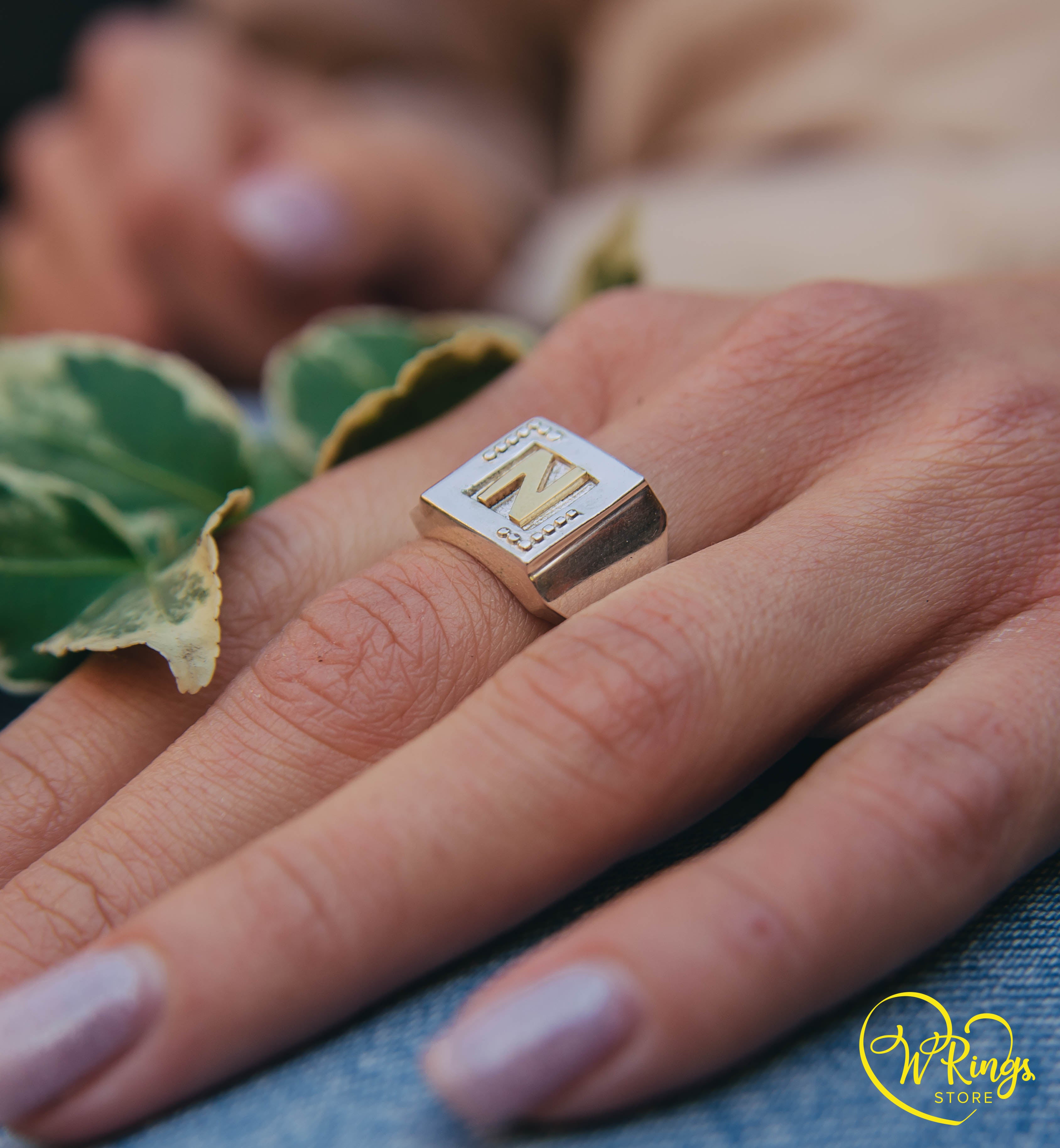 Personalized Gold Letter N on Massive Silver Square Signet Ring