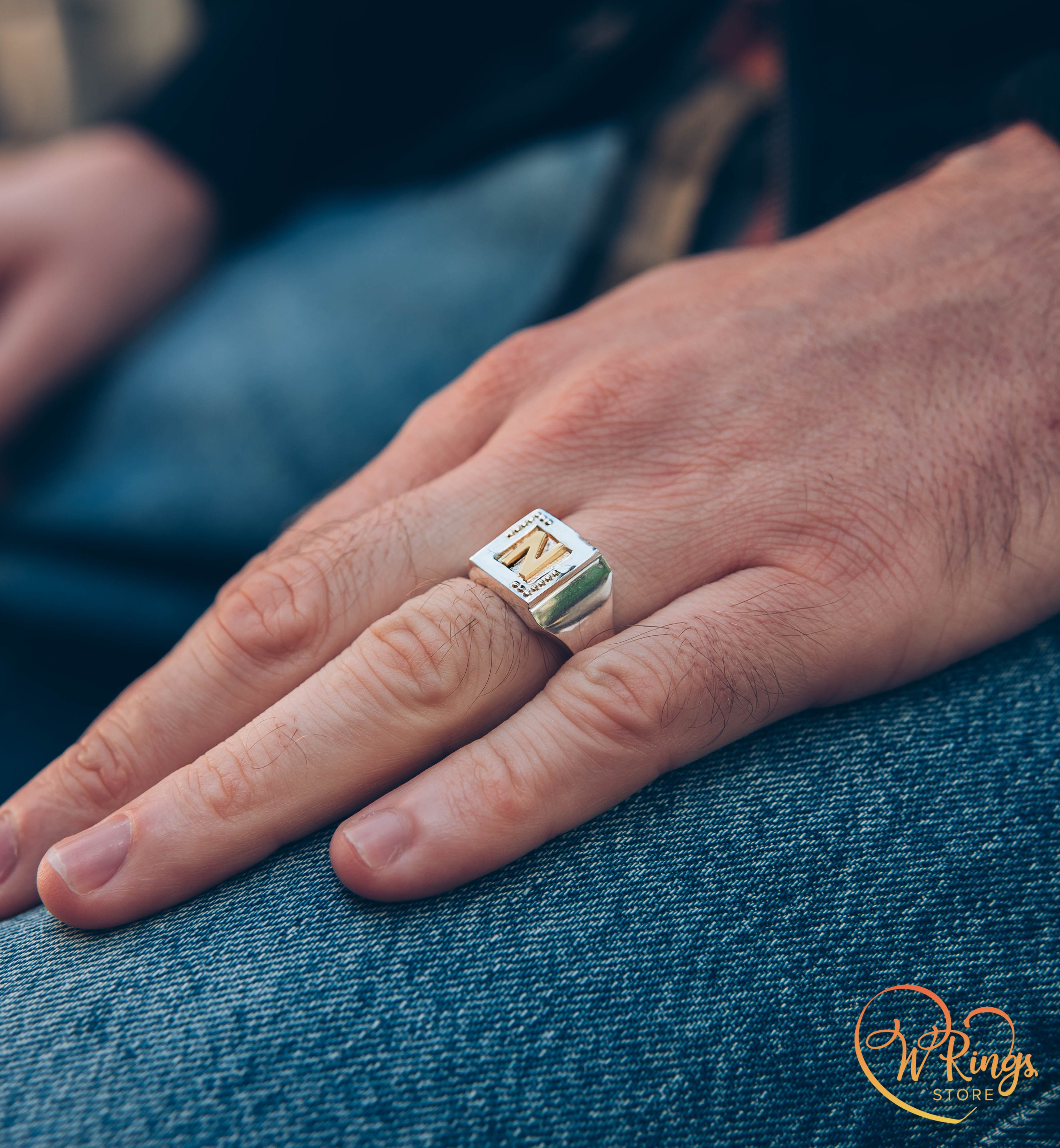 Personalized Gold Letter N on Massive Silver Square Signet Ring