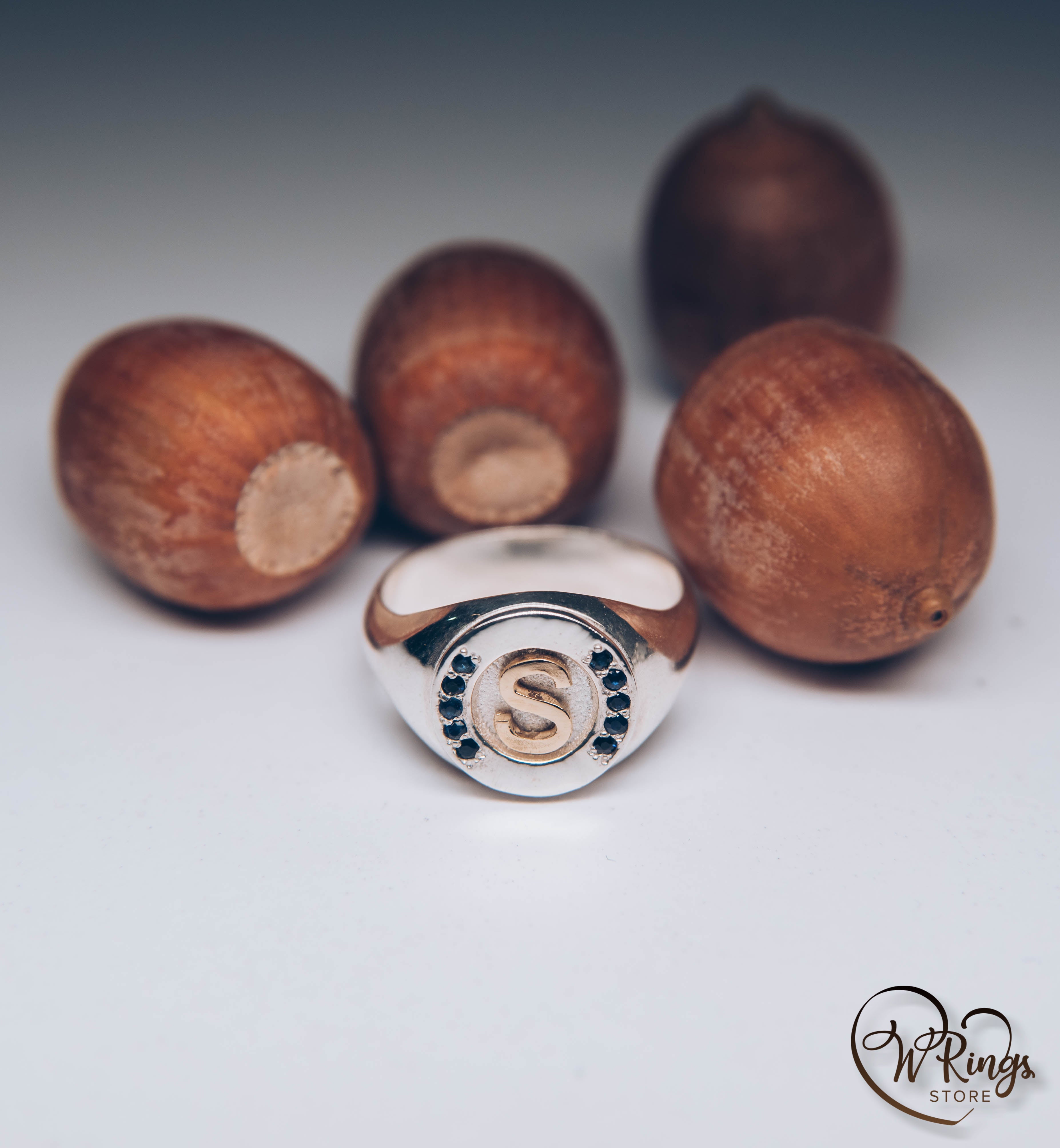 Personalized Gold Letter S & Sapphires on Big Silver Round Signet Ring