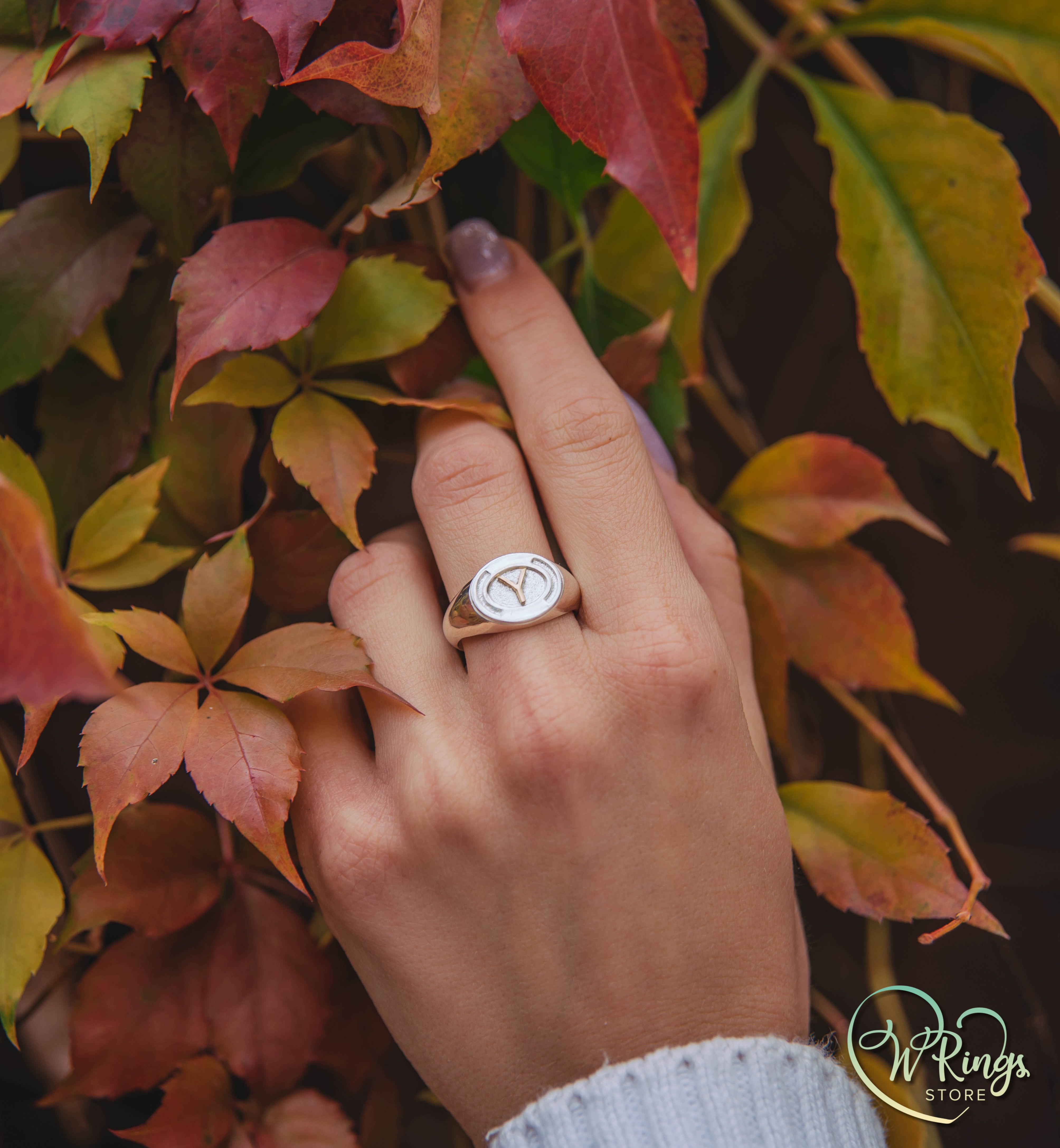 Personalized Gold Letter Y on Big Silver Landscape Oval Signet Ring