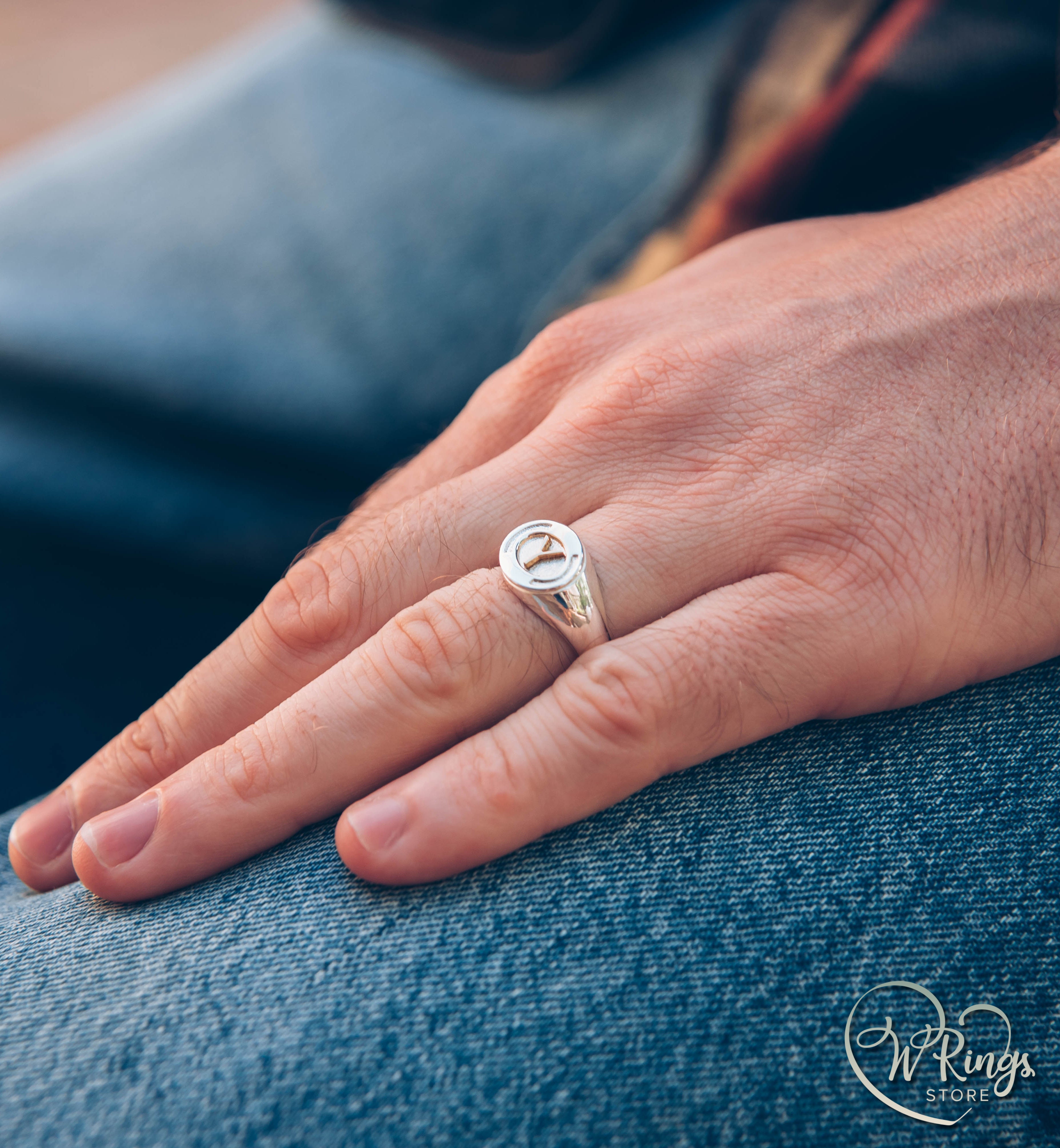 Personalized Gold Letter Y on Big Silver Landscape Oval Signet Ring