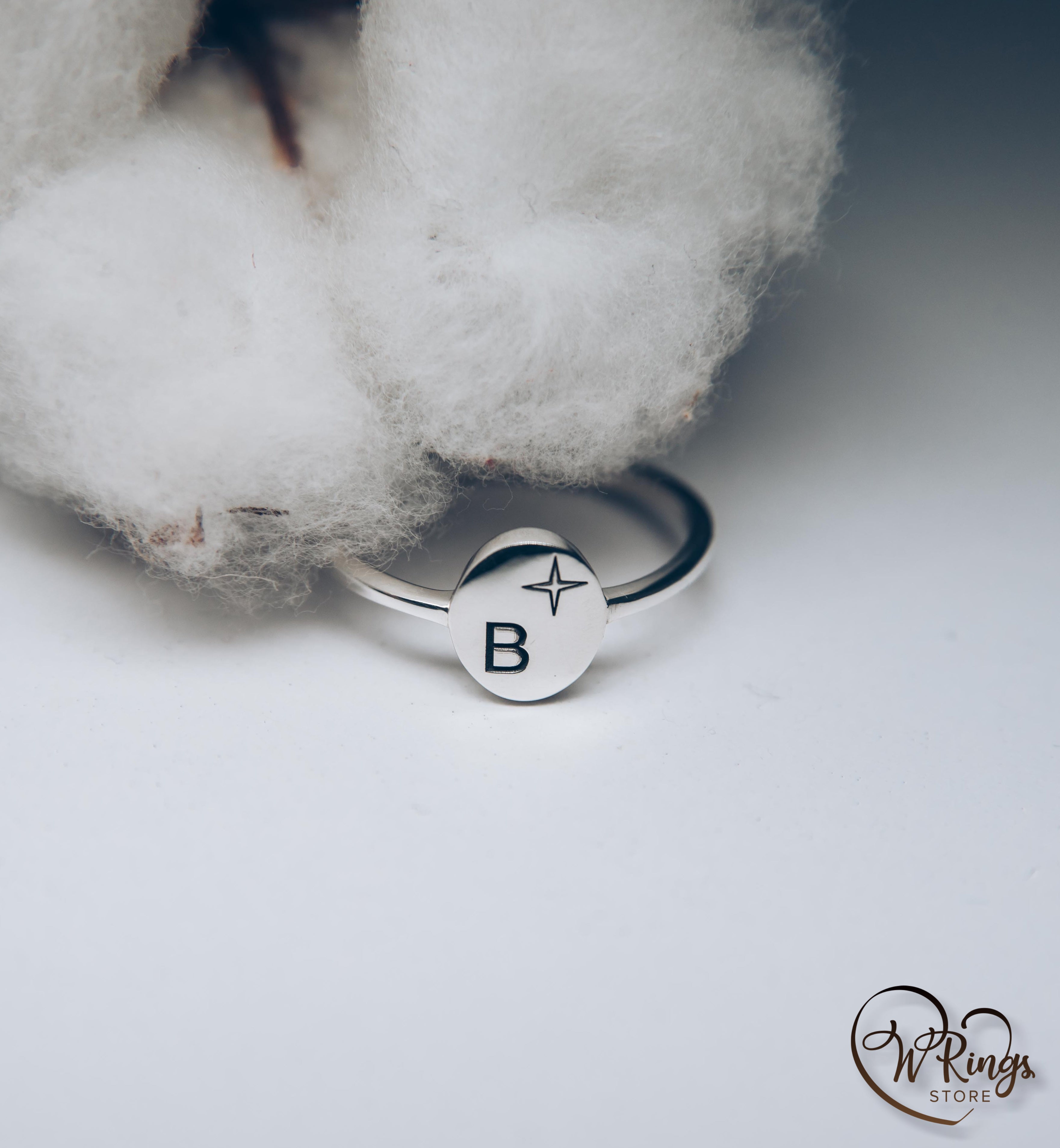 Personalized Initial B and Star Women's Silver Thin Signet Ring