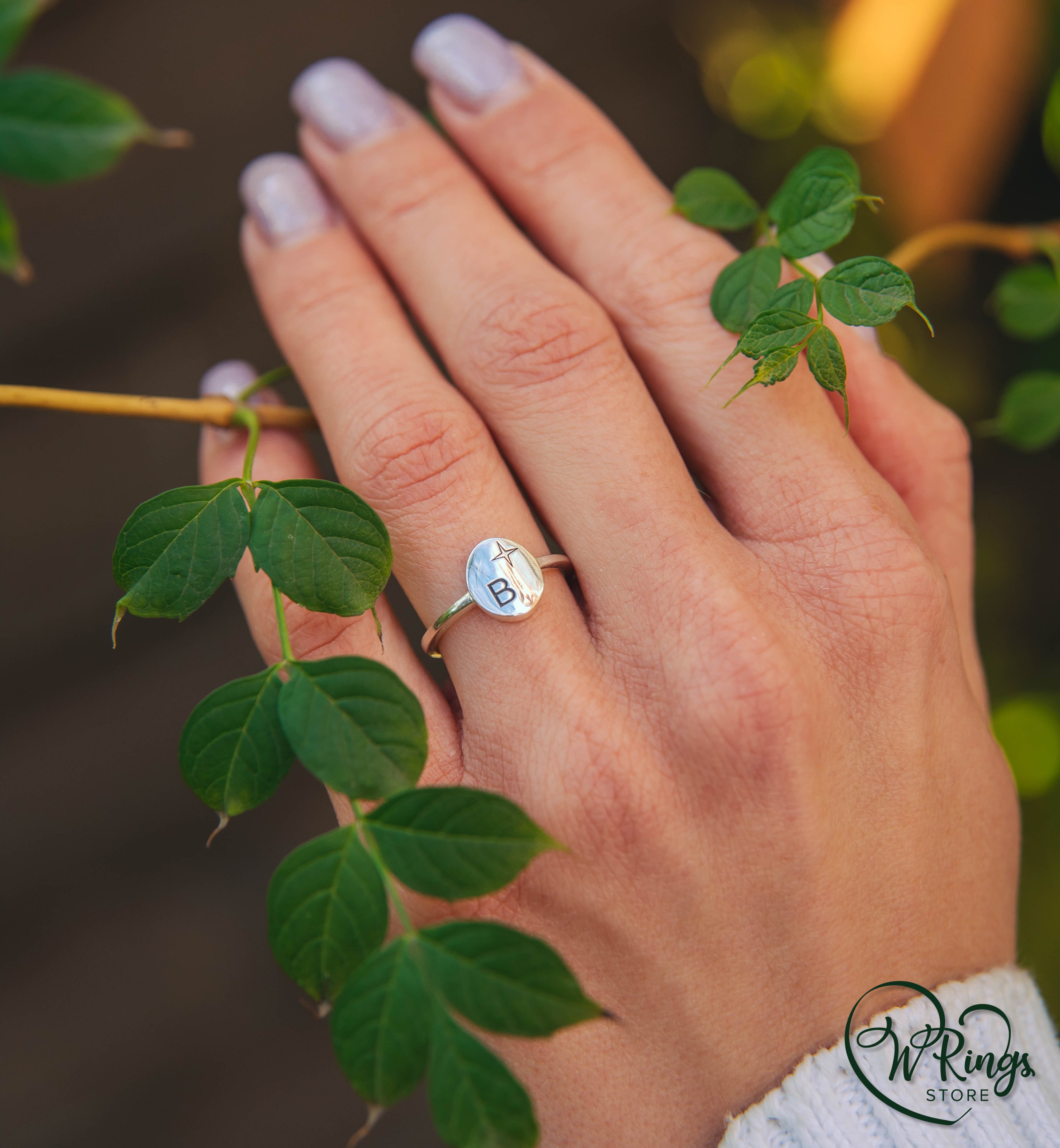 Personalized Initial B and Star Women's Silver Thin Signet Ring