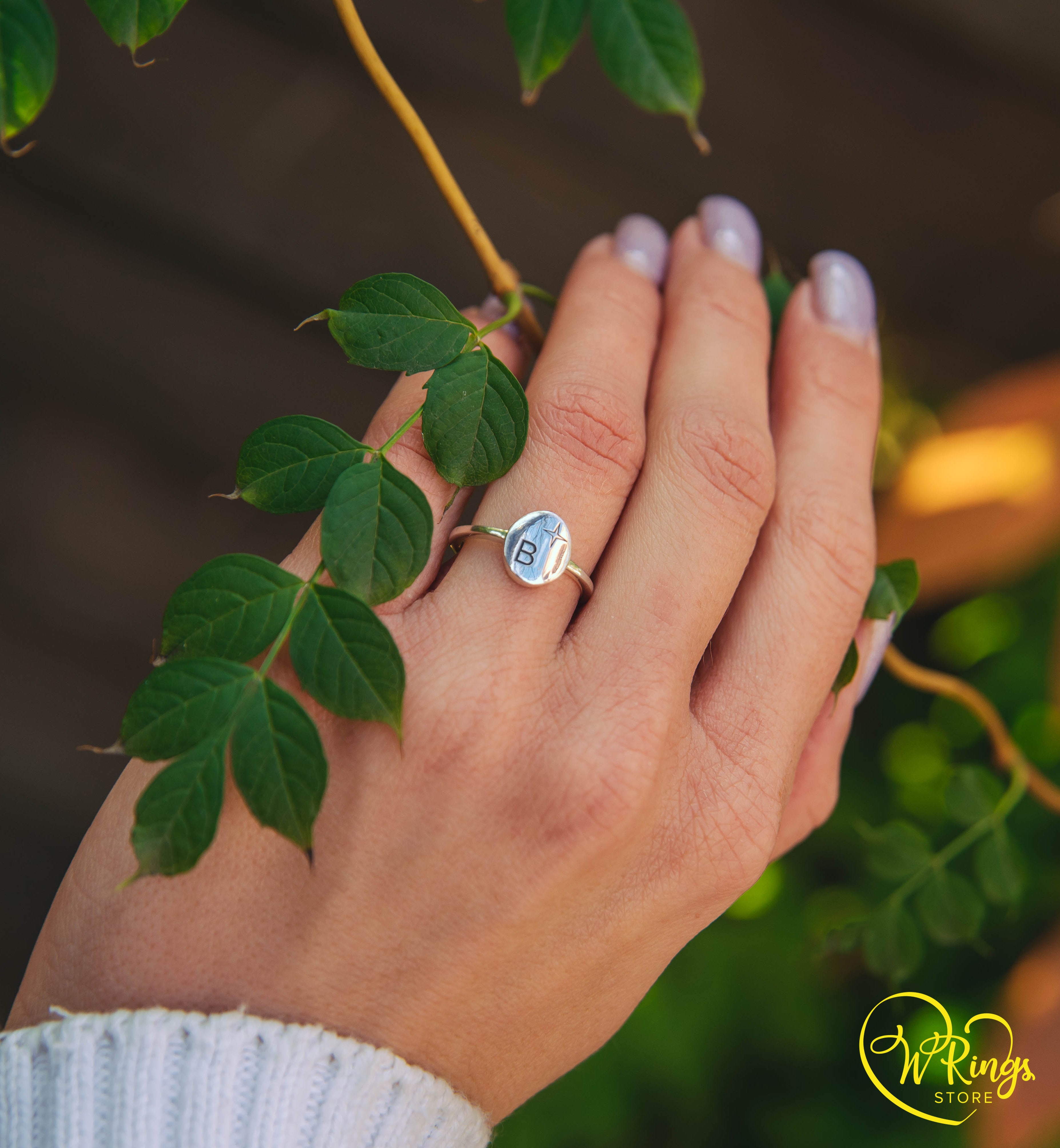 Personalized Initial B and Star Women's Silver Thin Signet Ring