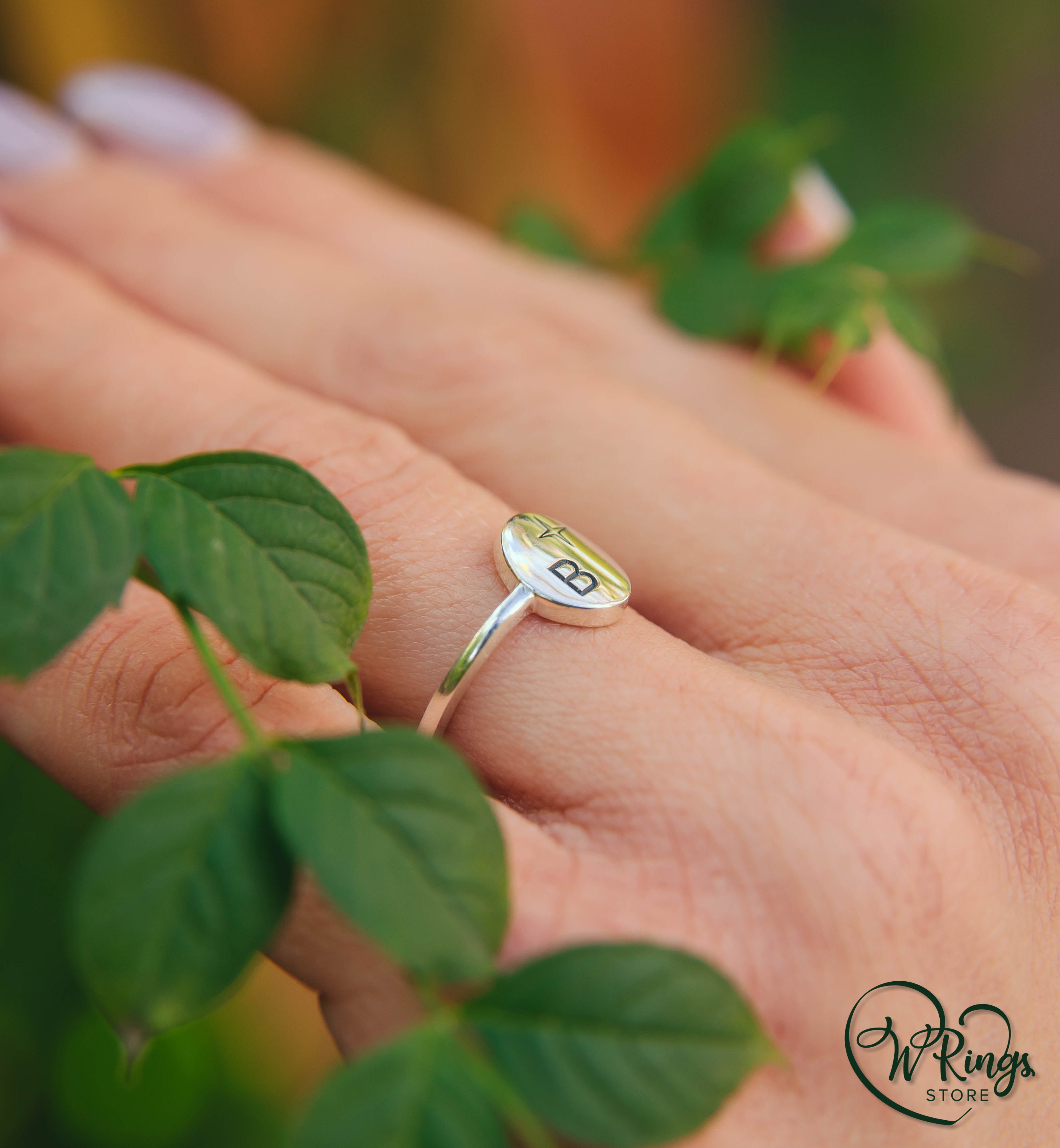 Personalized Initial B and Star Women's Silver Thin Signet Ring