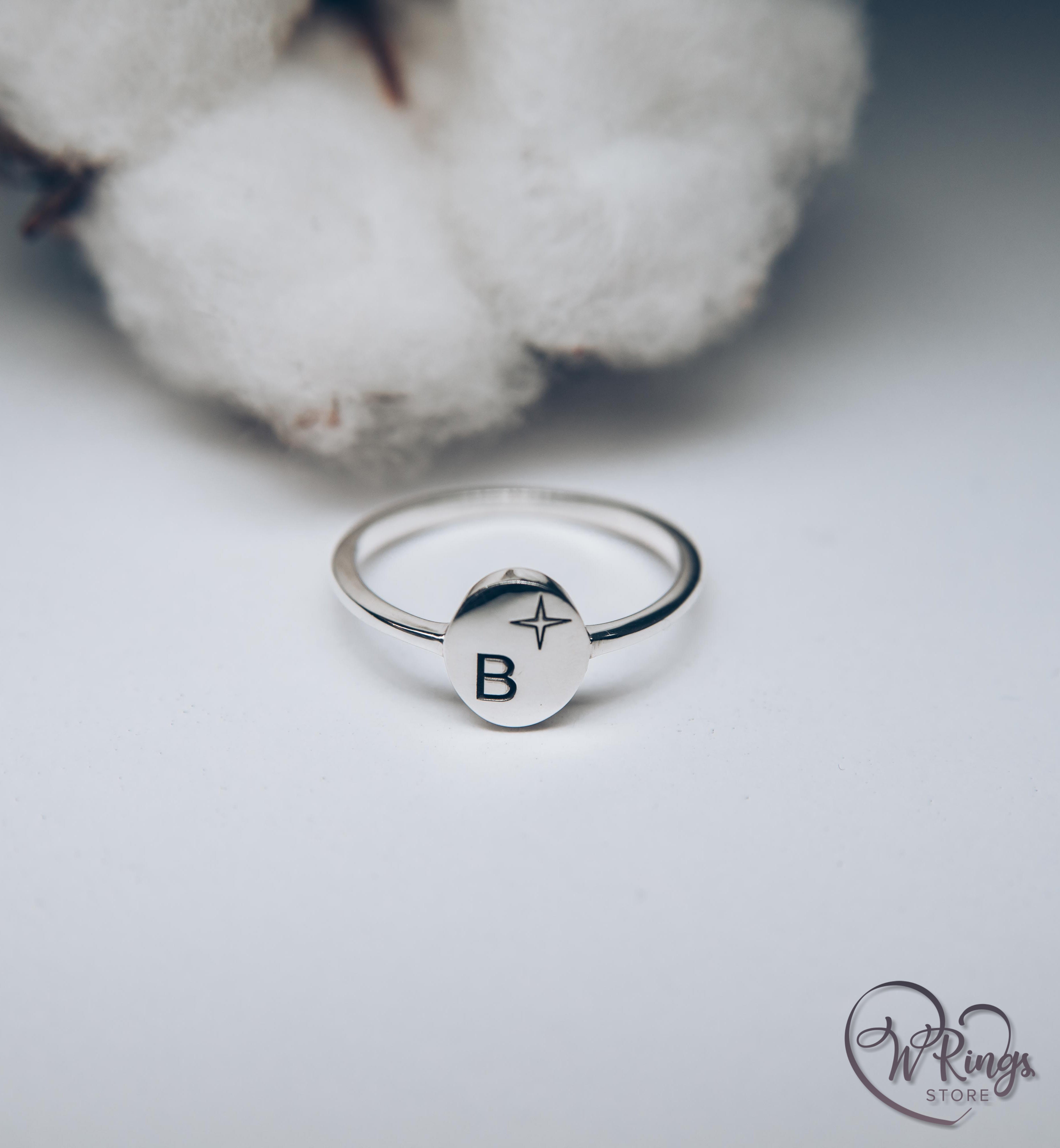 Personalized Initial B and Star Women's Silver Thin Signet Ring