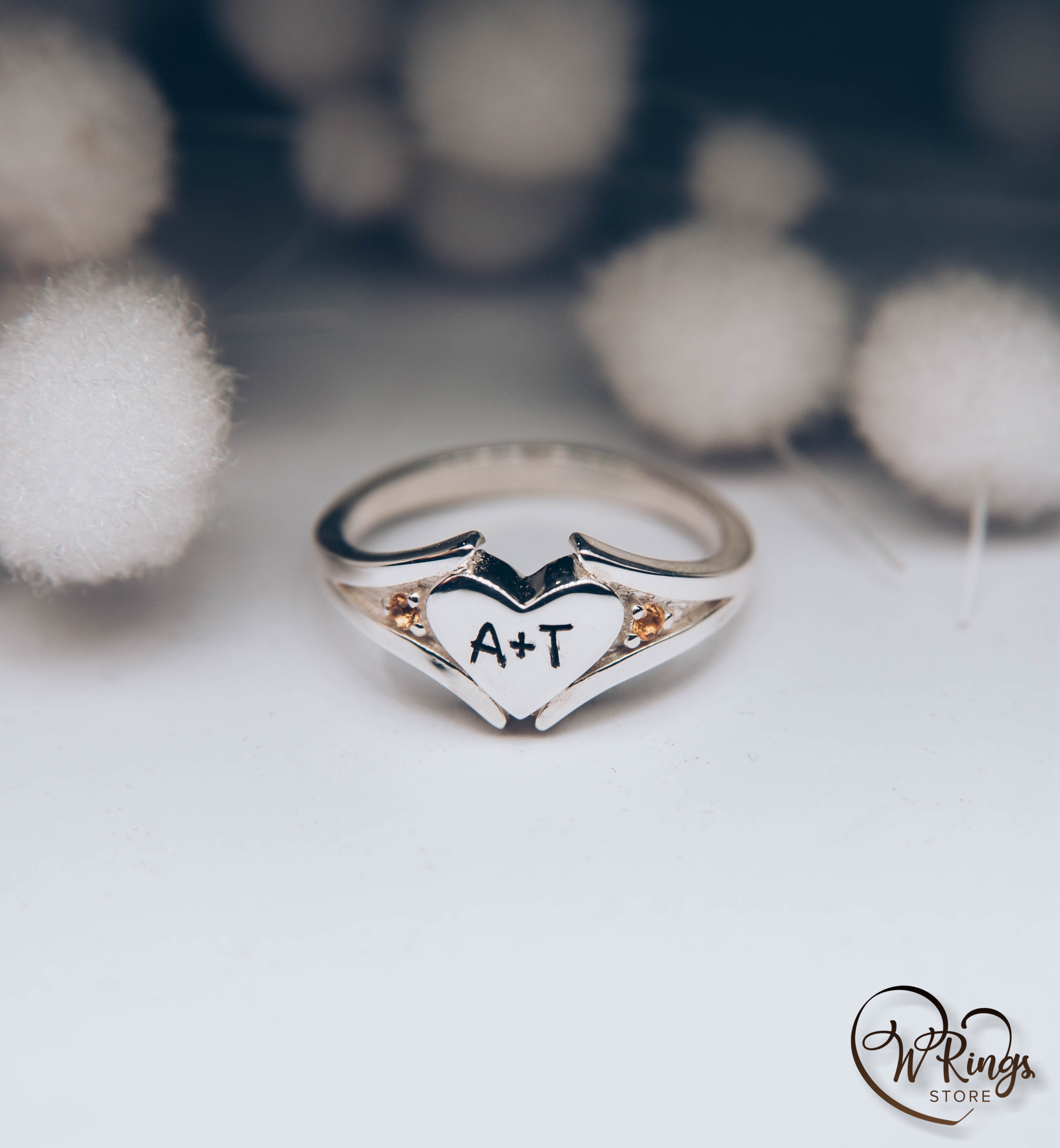 Personalized Initials in Silver Heart Ring & Side Citrines