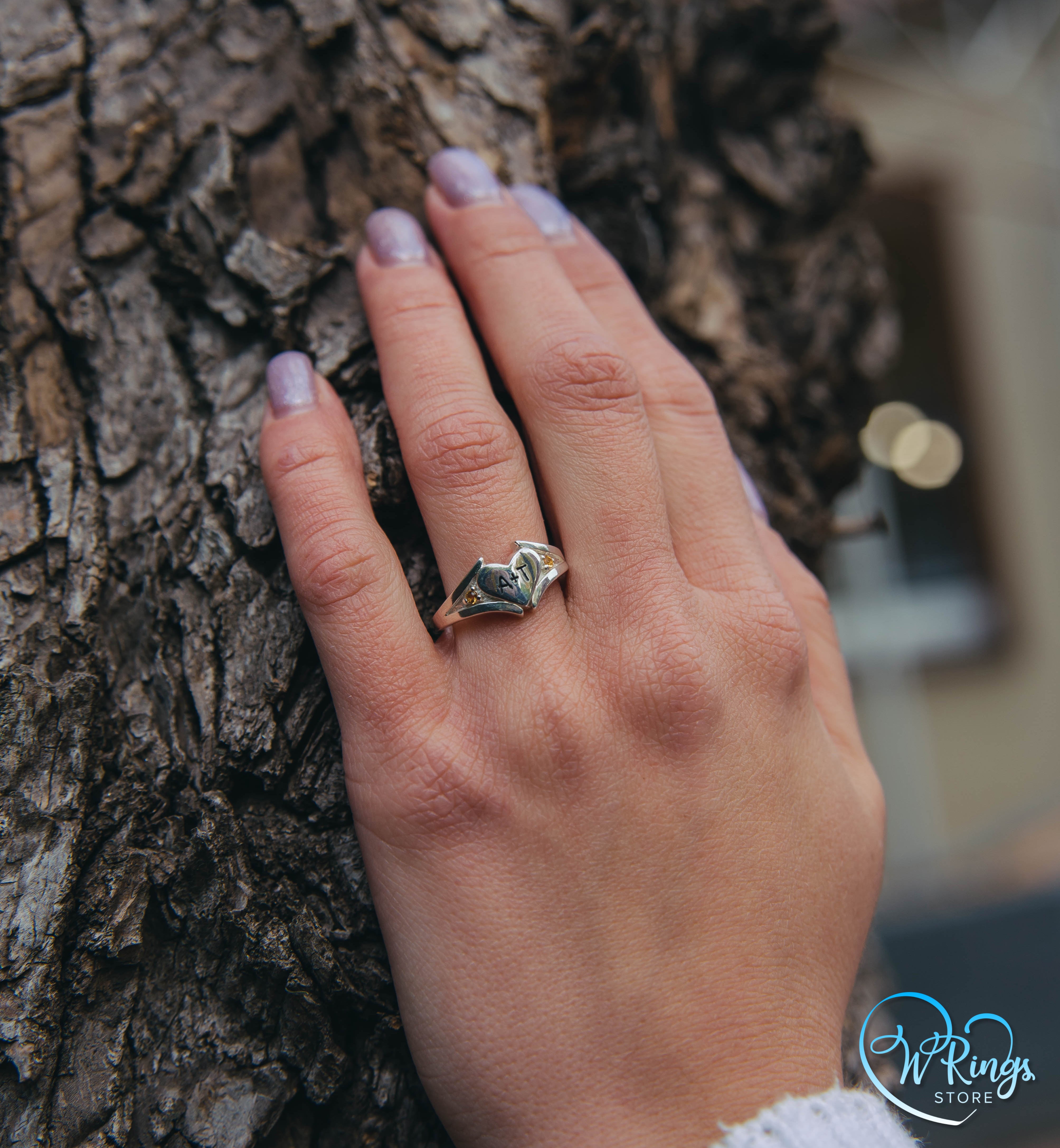 Personalized Initials in Silver Heart Ring & Side Citrines