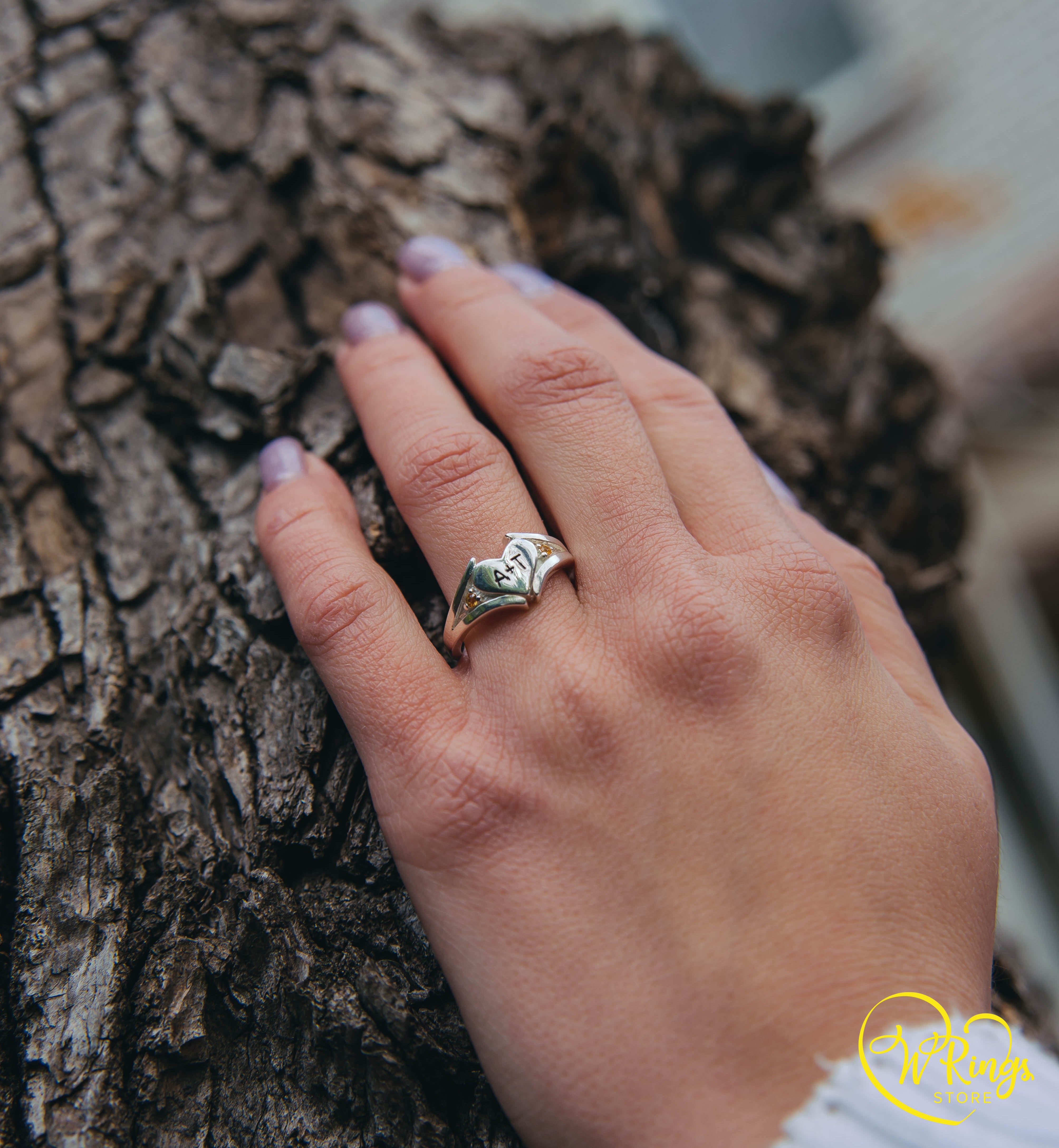 Personalized Initials in Silver Heart Ring & Side Citrines