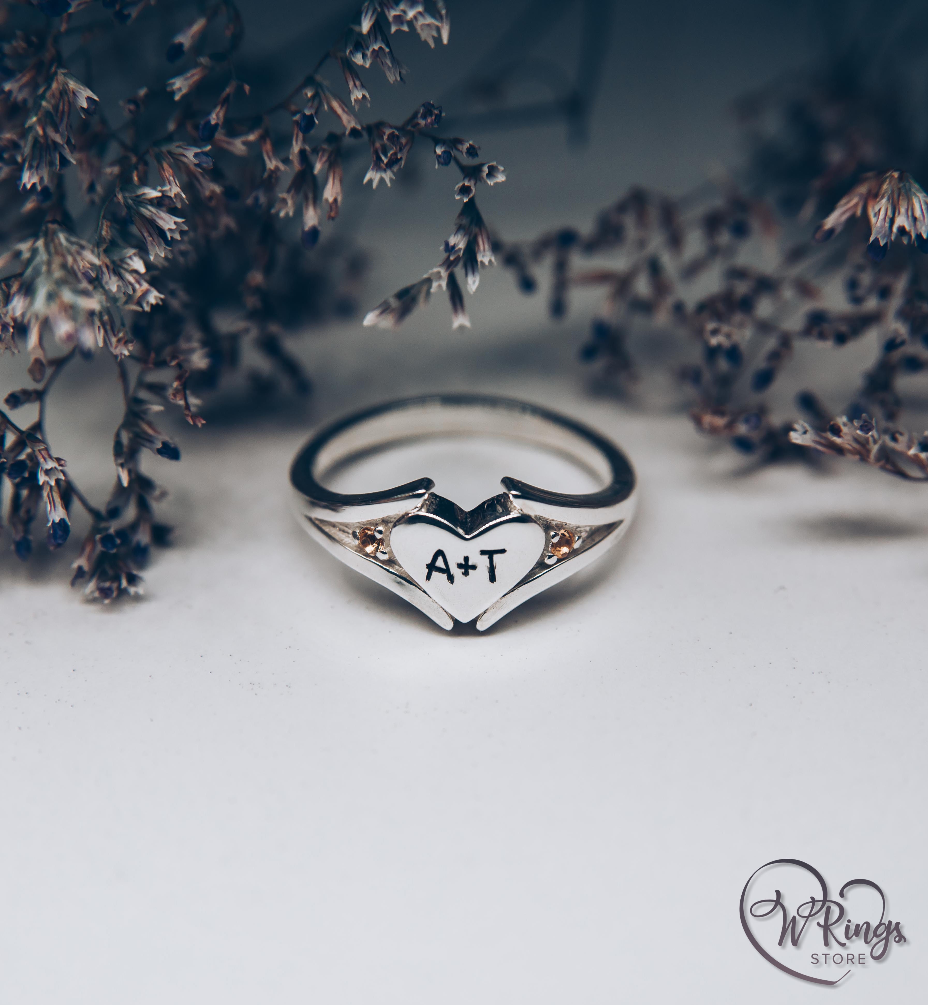 Personalized Initials in Silver Heart Ring & Side Citrines