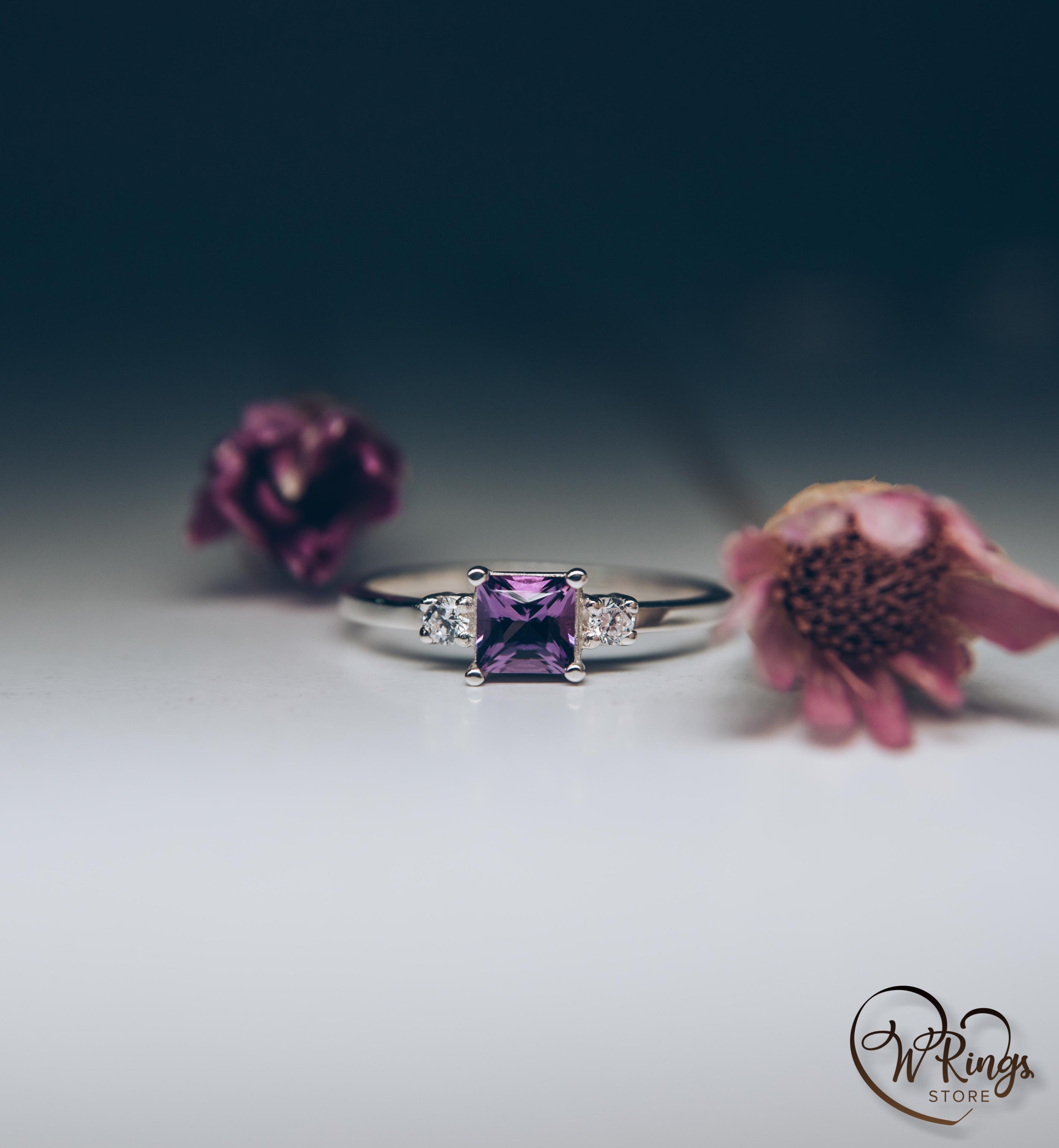 Princess Cut Amethyst Three Stone Engagement Ring in Silver