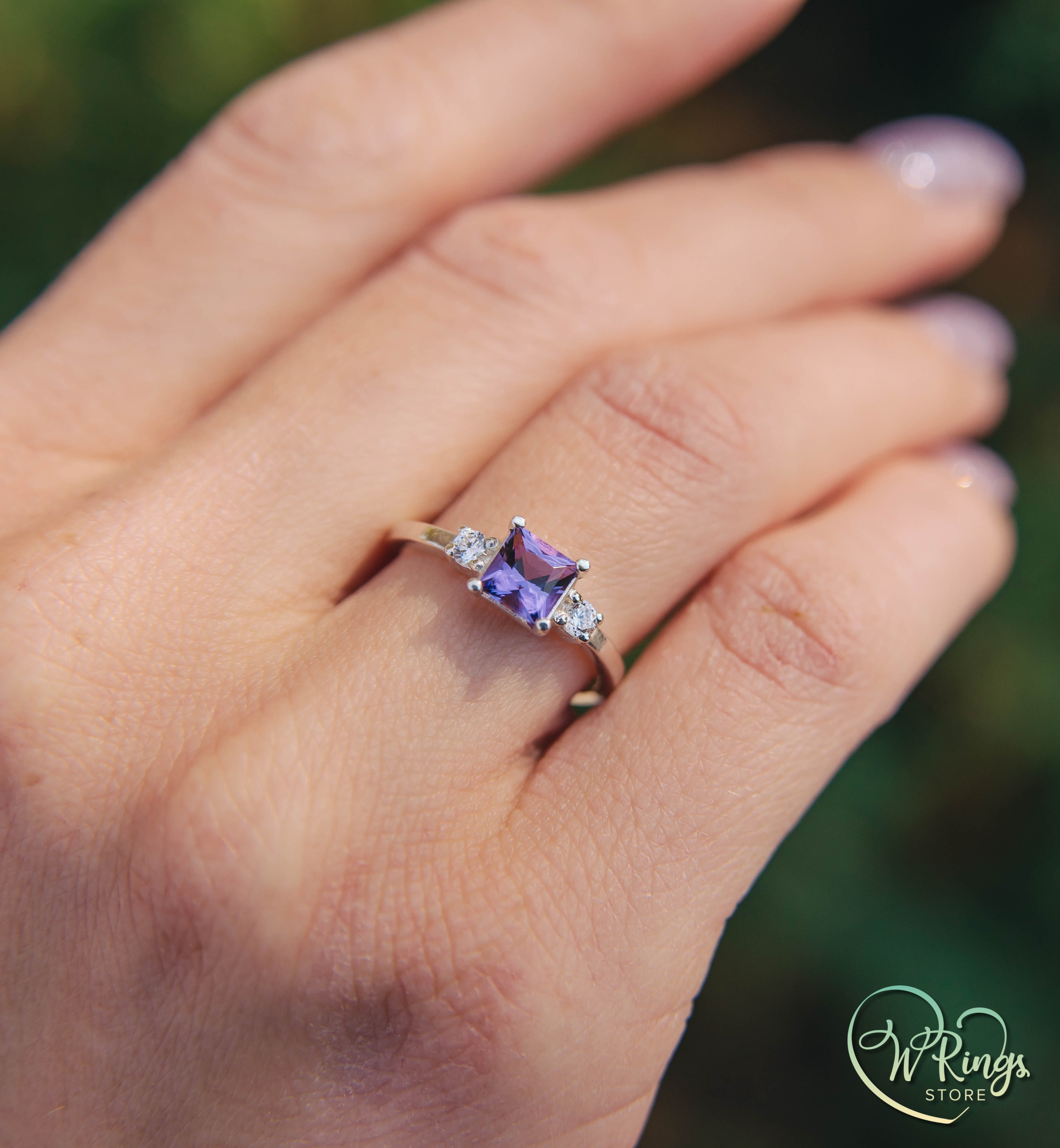 Princess Cut Amethyst Three Stone Engagement Ring in Silver