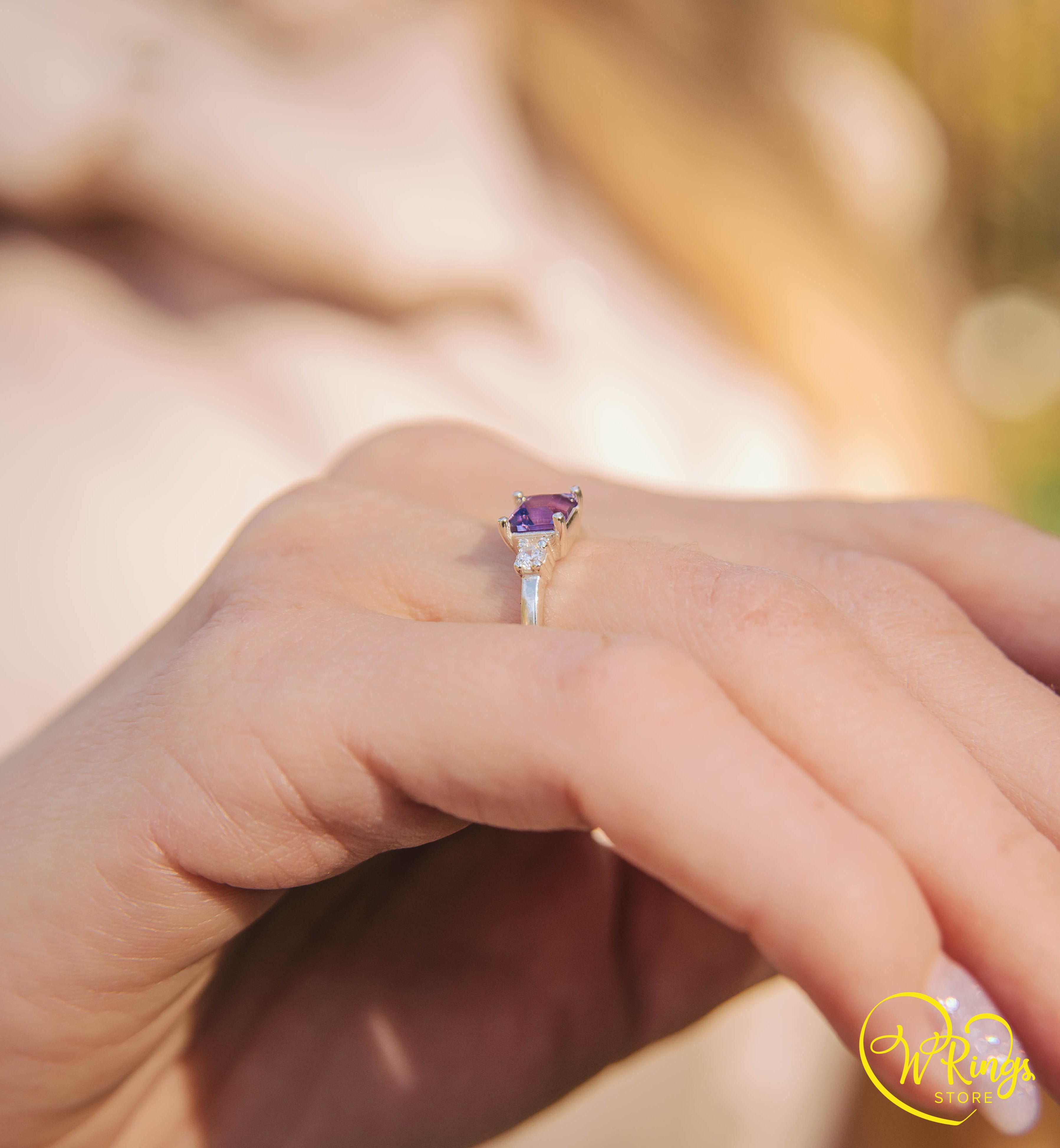 Princess Cut Amethyst Three Stone Engagement Ring in Silver