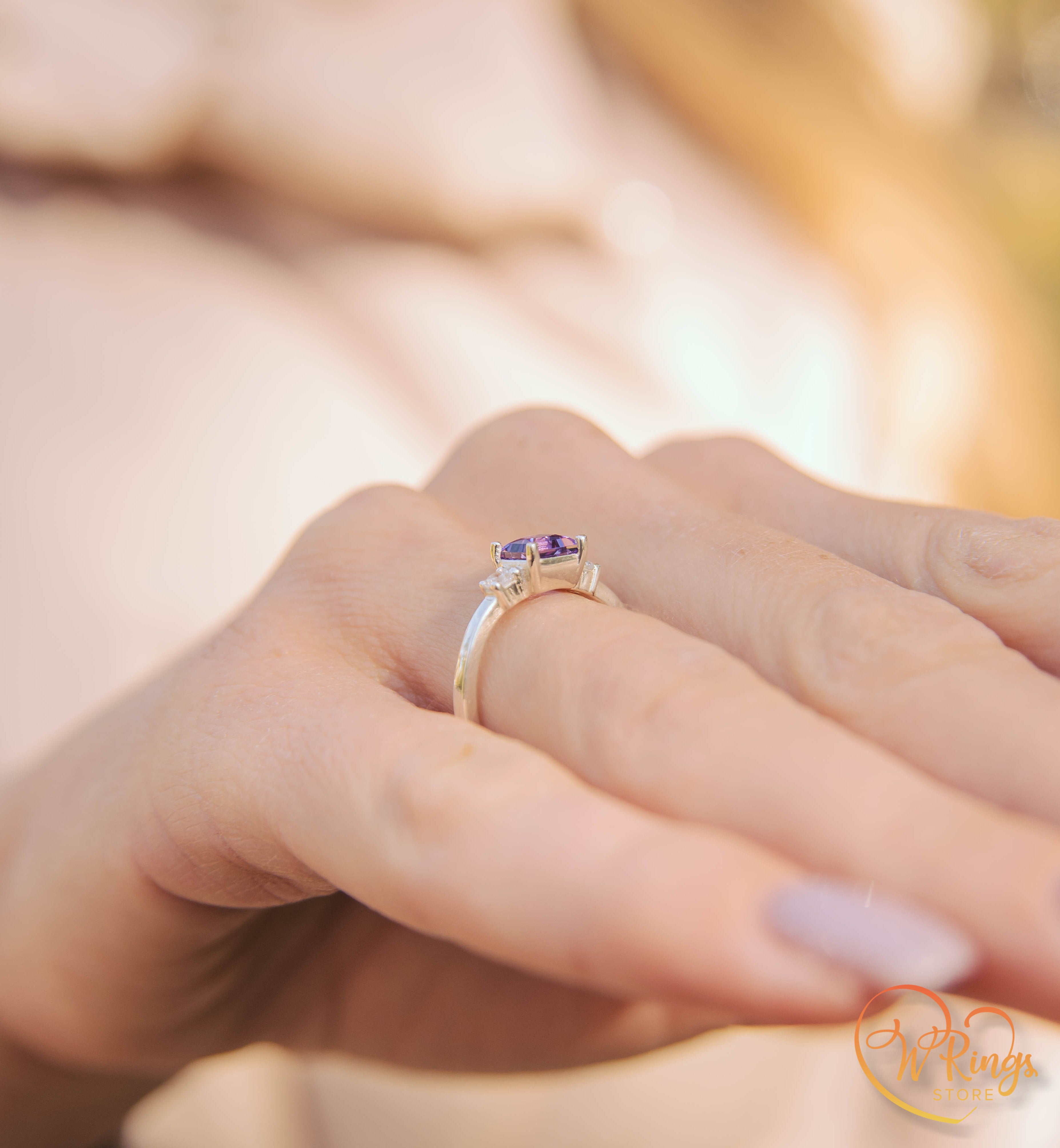 Princess Cut Amethyst Three Stone Engagement Ring in Silver