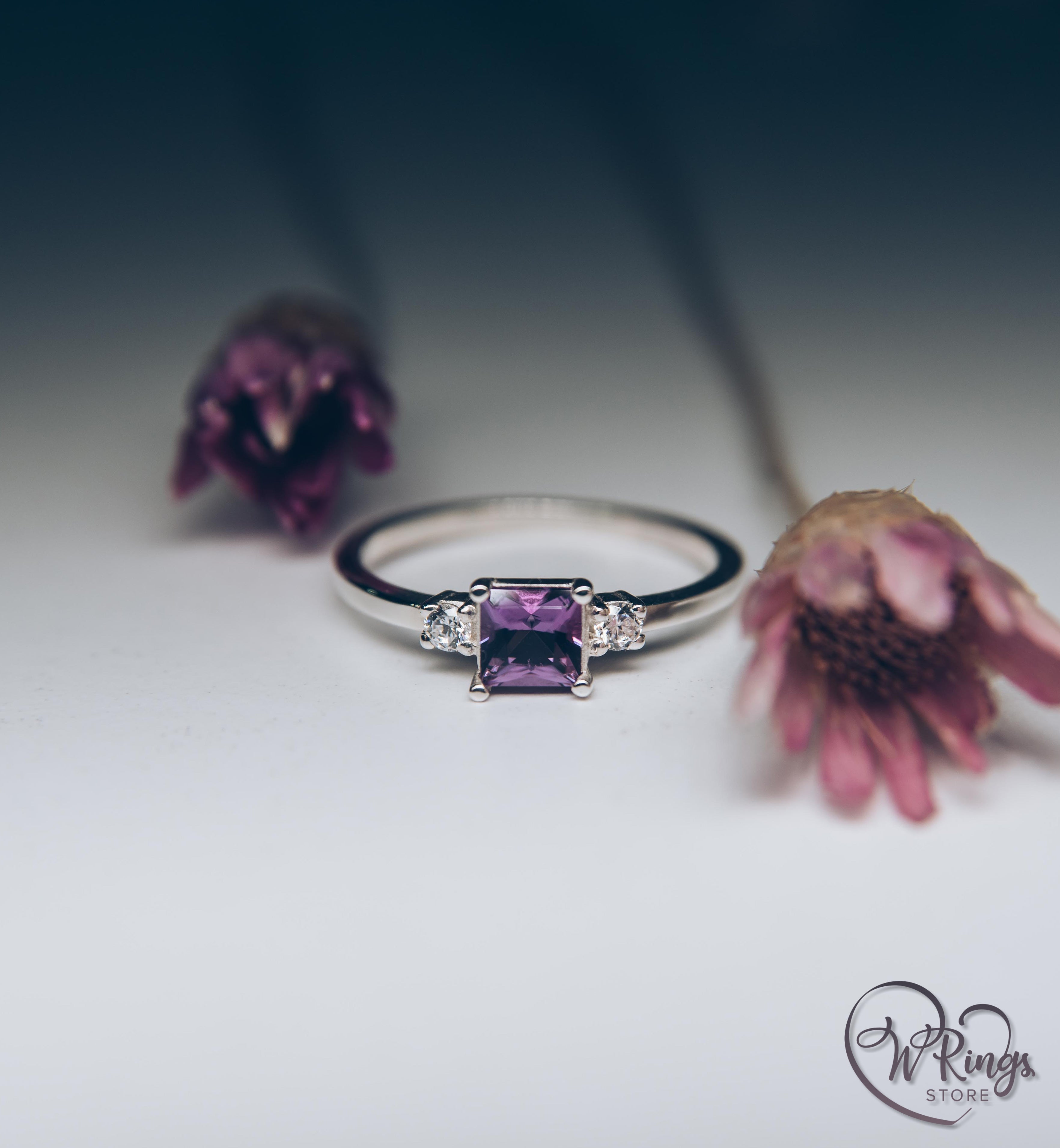 Princess Cut Amethyst Three Stone Engagement Ring in Silver