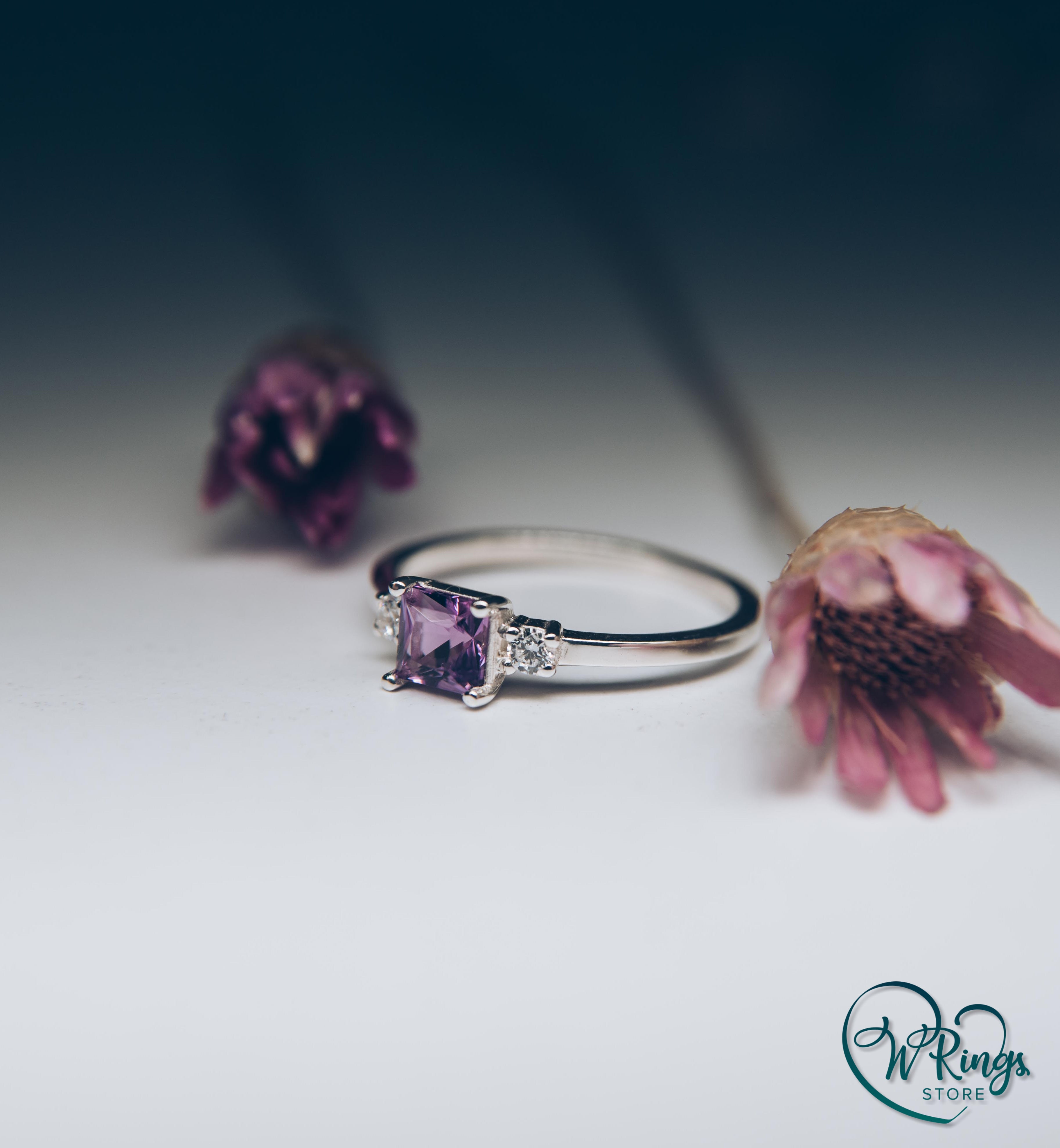 Princess Cut Amethyst Three Stone Engagement Ring in Silver