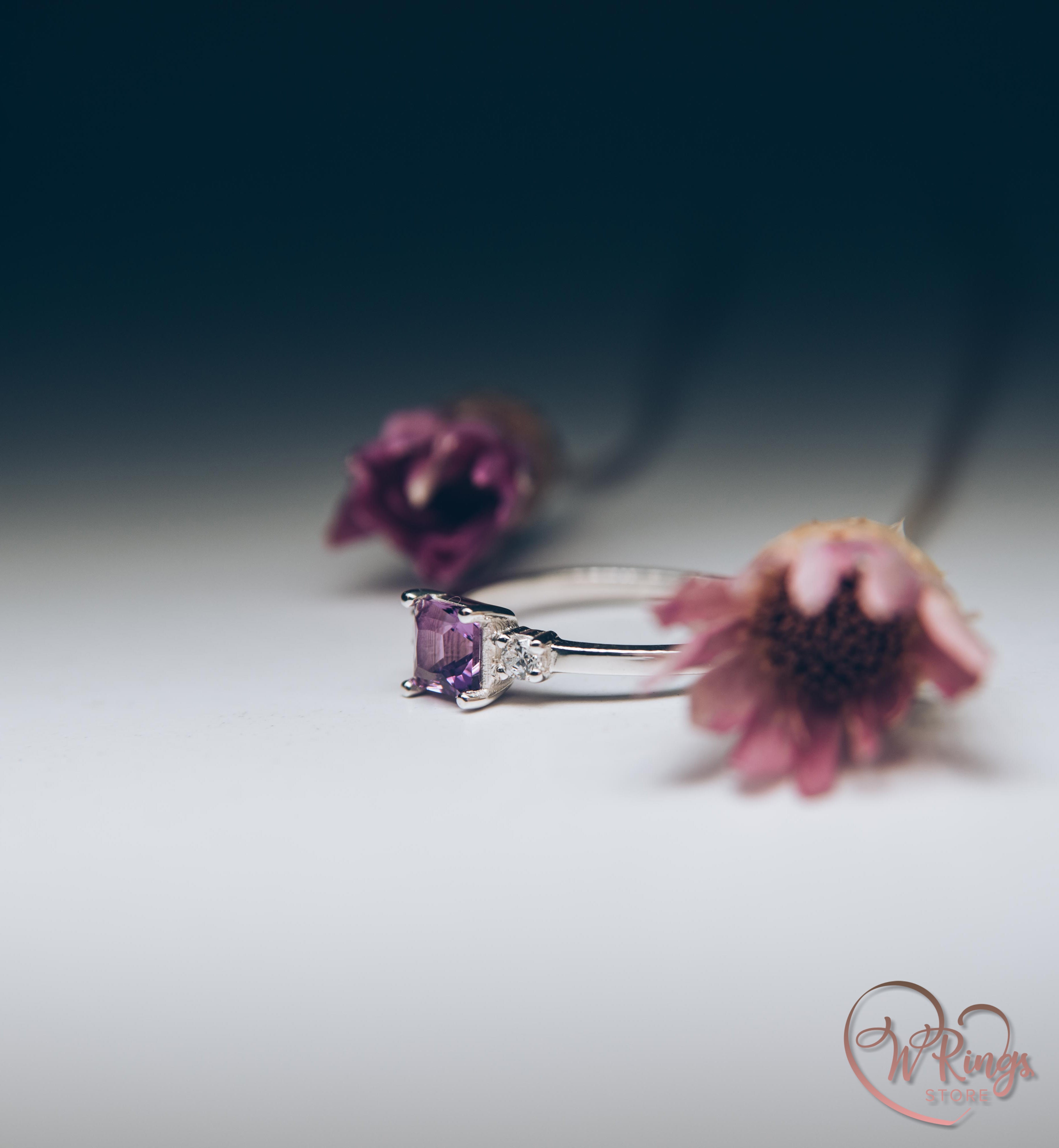 Princess Cut Amethyst Three Stone Engagement Ring in Silver