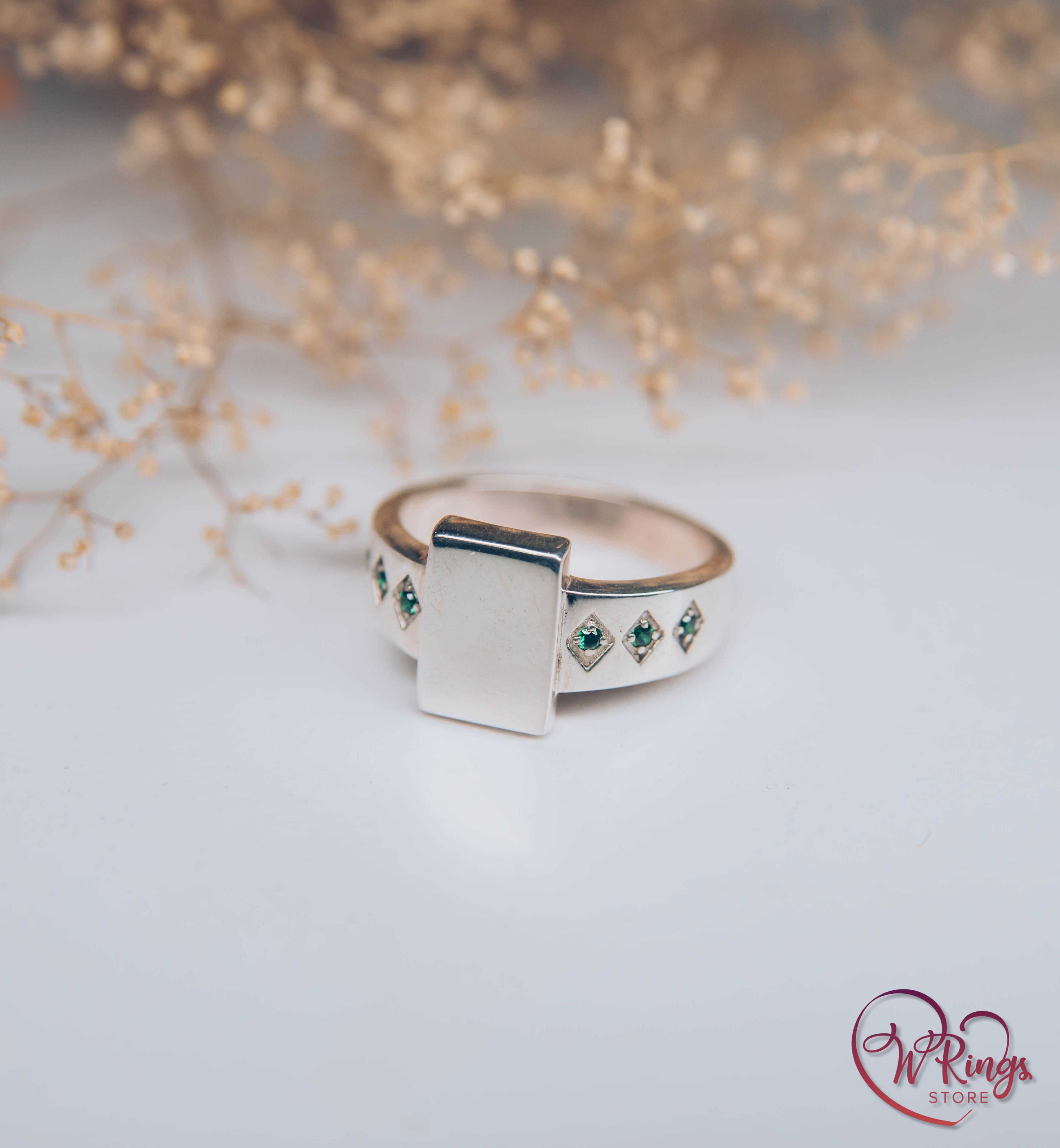 Rectangle shape Signet Ring with Side Emeralds in Silver