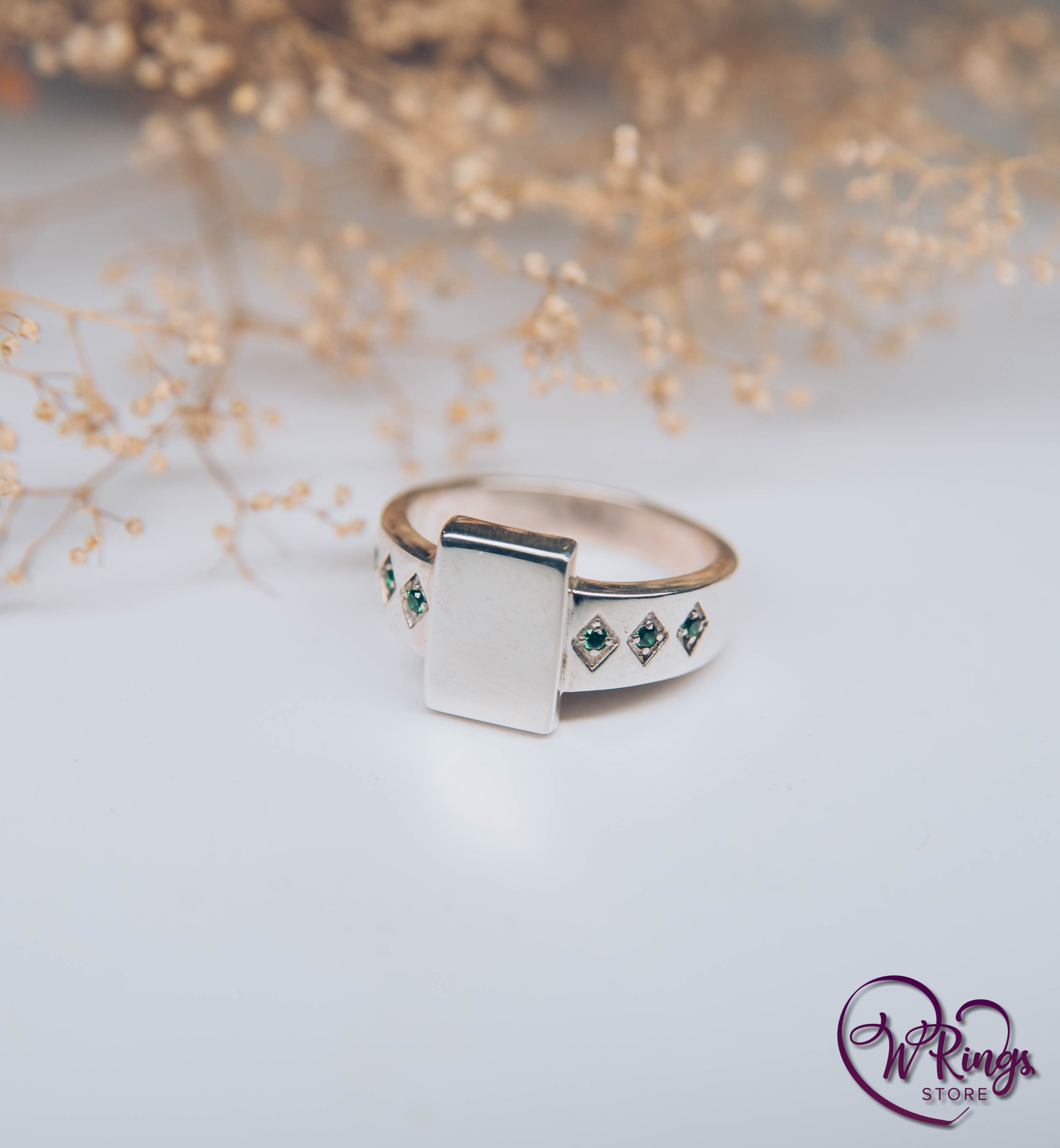 Rectangle shape Signet Ring with Side Emeralds in Silver