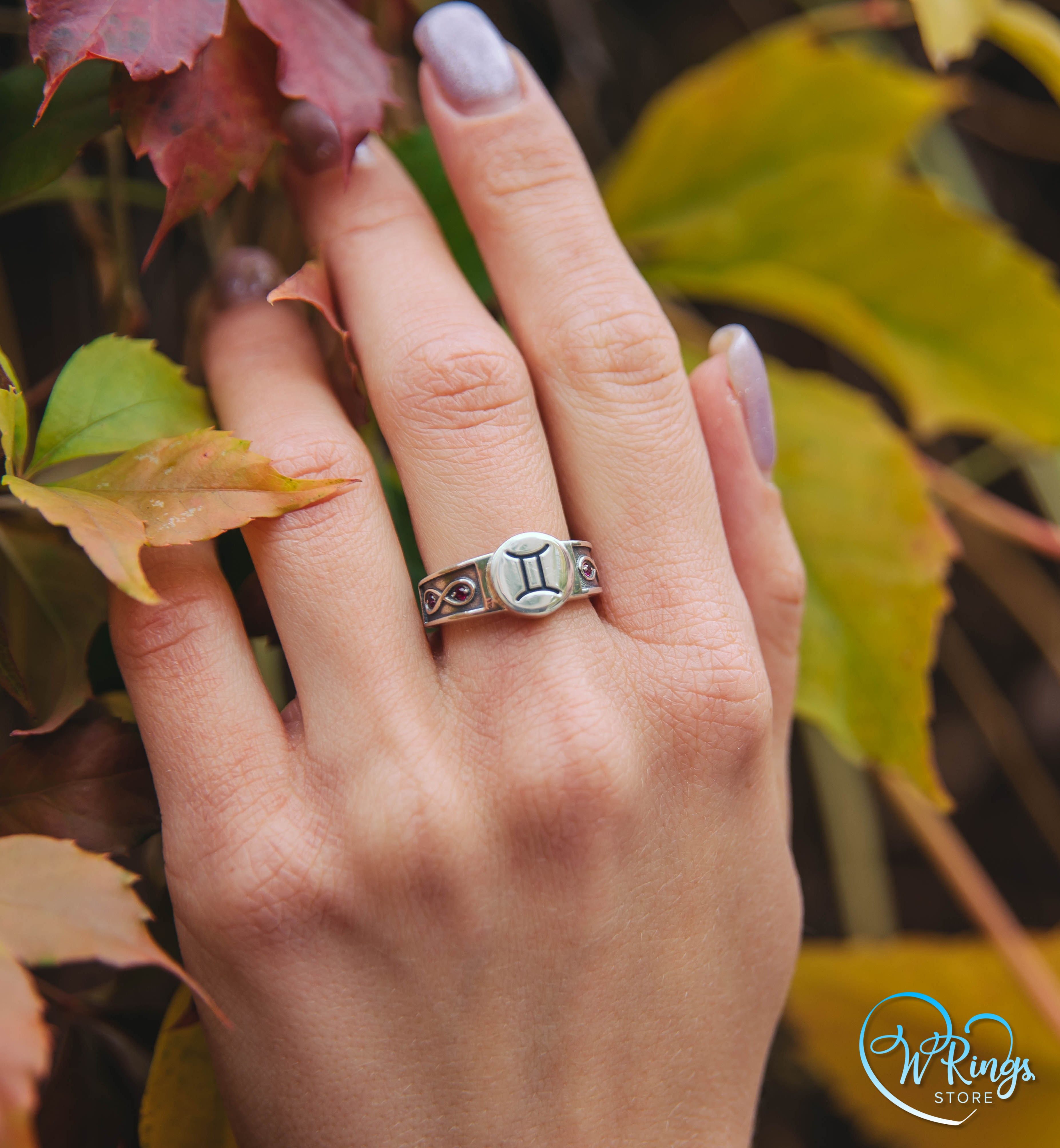 Round shape Gemini Signet Ring with Rubies in side Infinity symbols