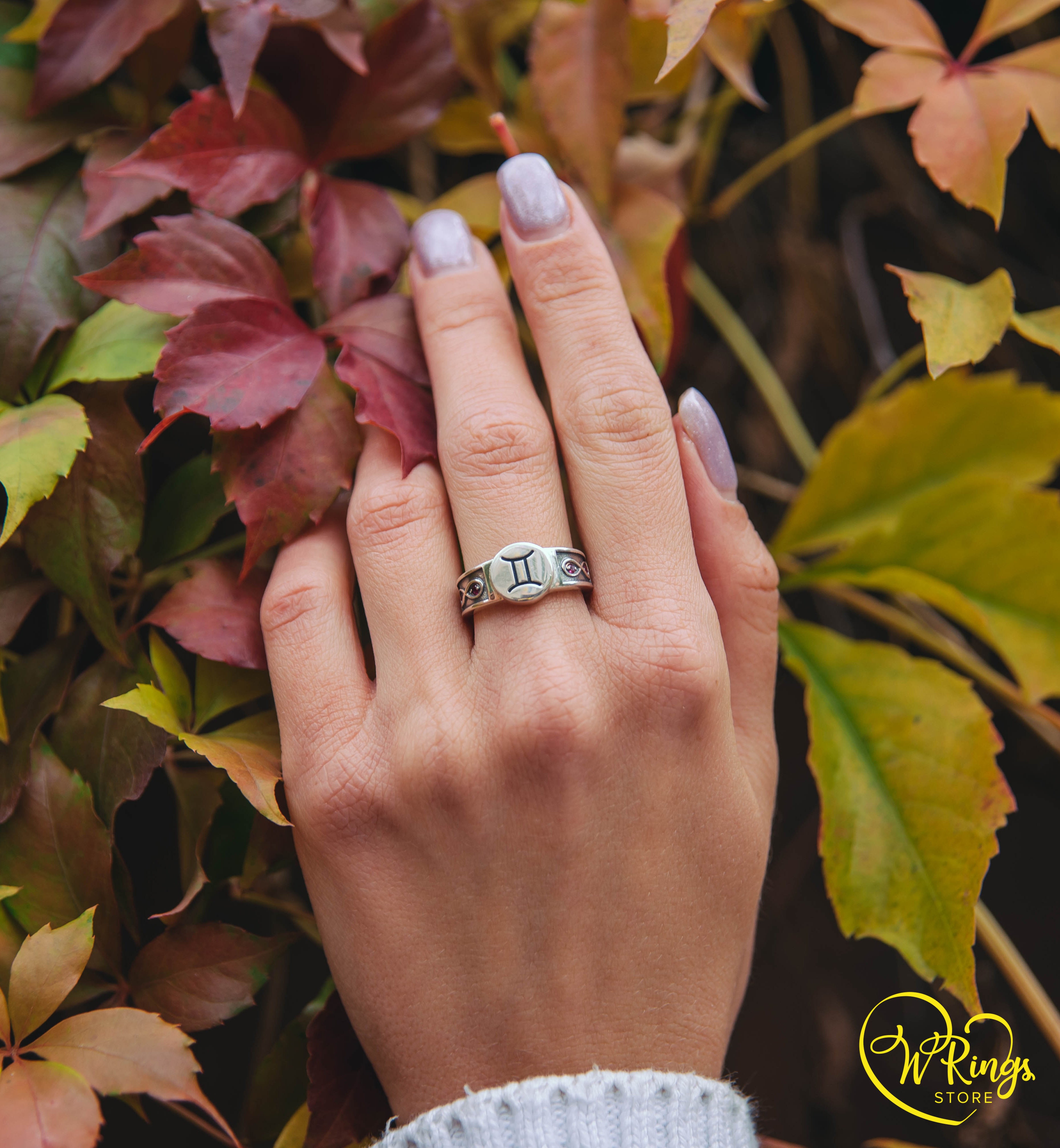 Round shape Gemini Signet Ring with Rubies in side Infinity symbols