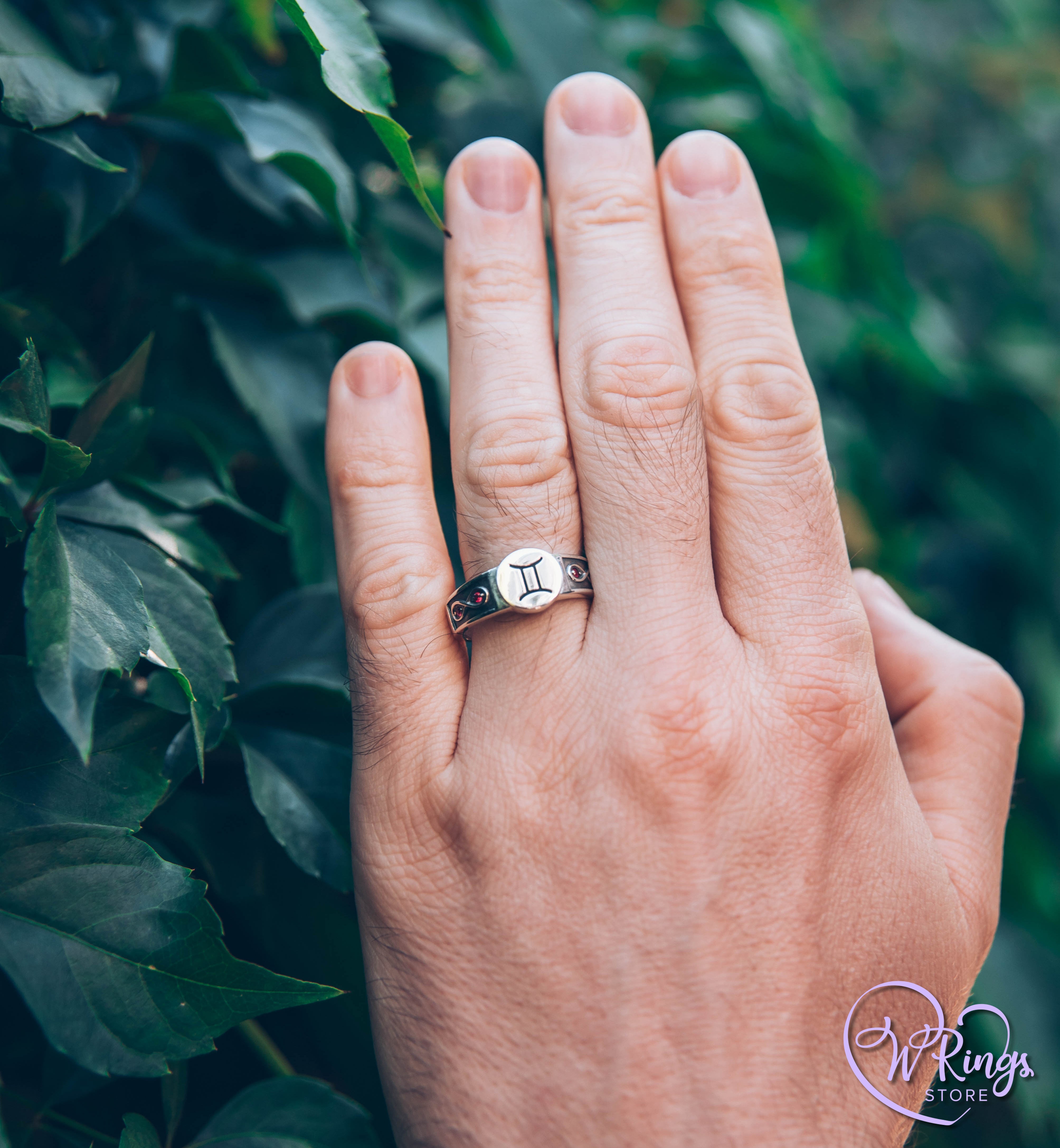 Round shape Gemini Signet Ring with Rubies in side Infinity symbols