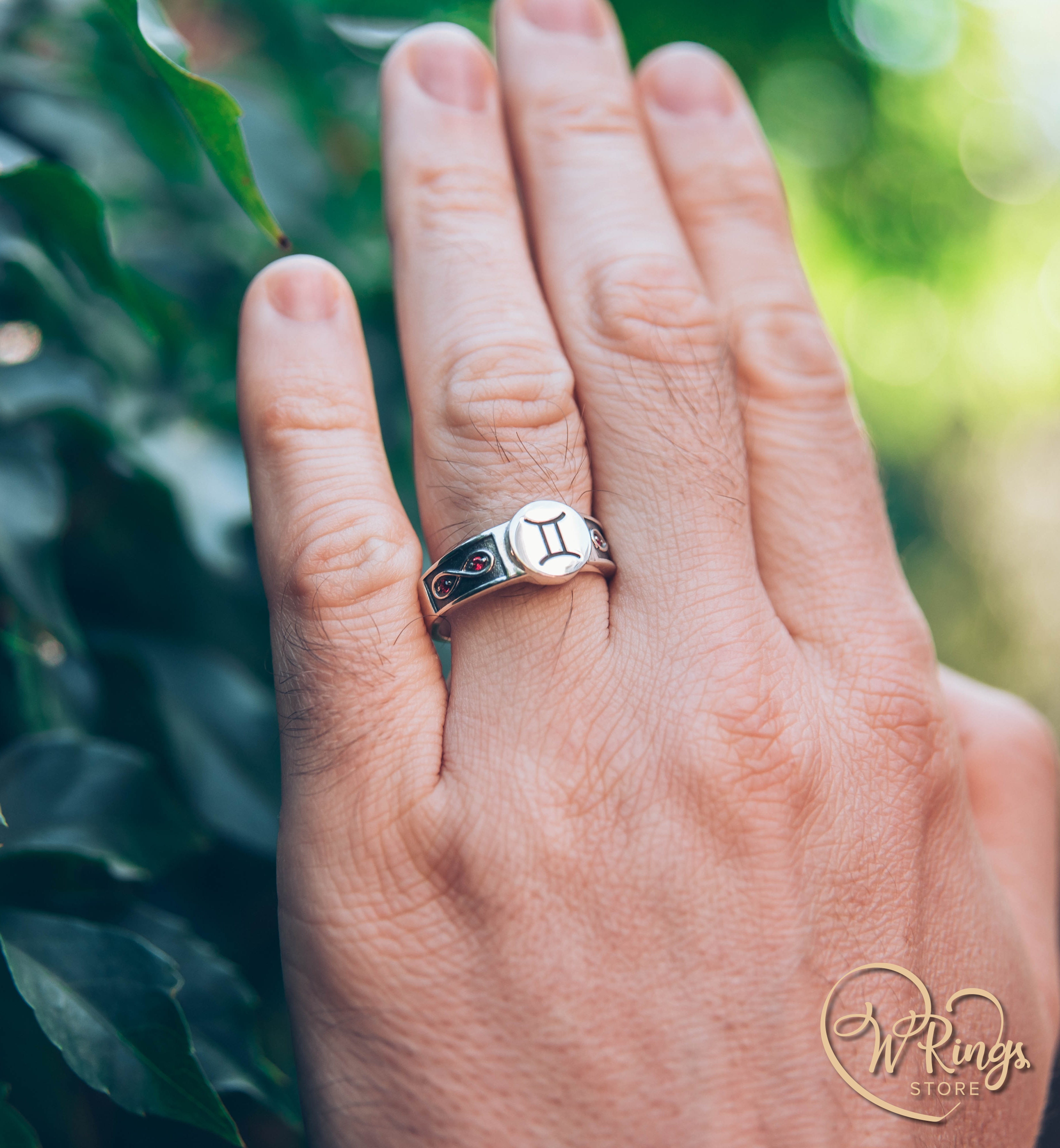 Round shape Gemini Signet Ring with Rubies in side Infinity symbols