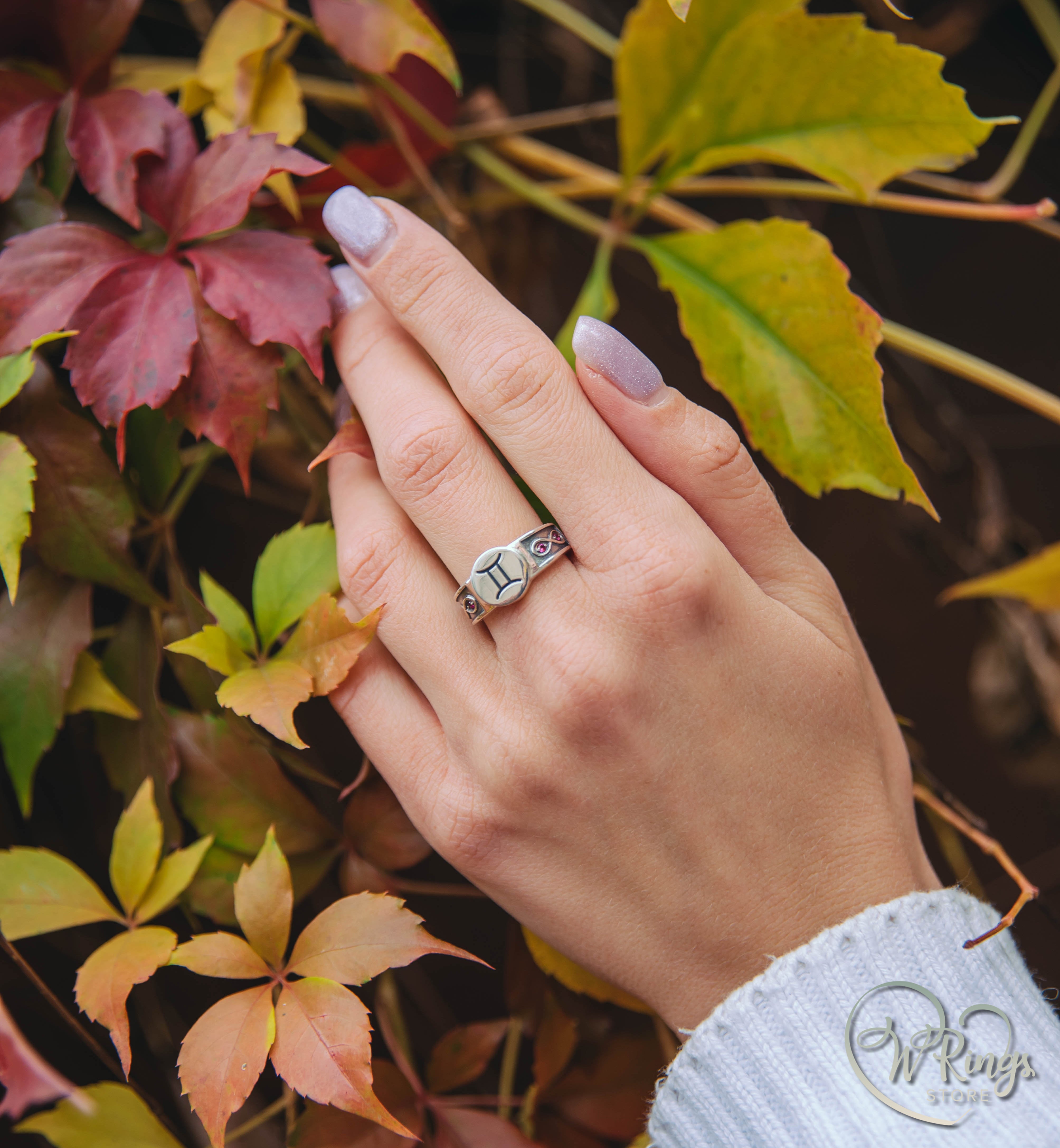 Round shape Gemini Signet Ring with Rubies in side Infinity symbols