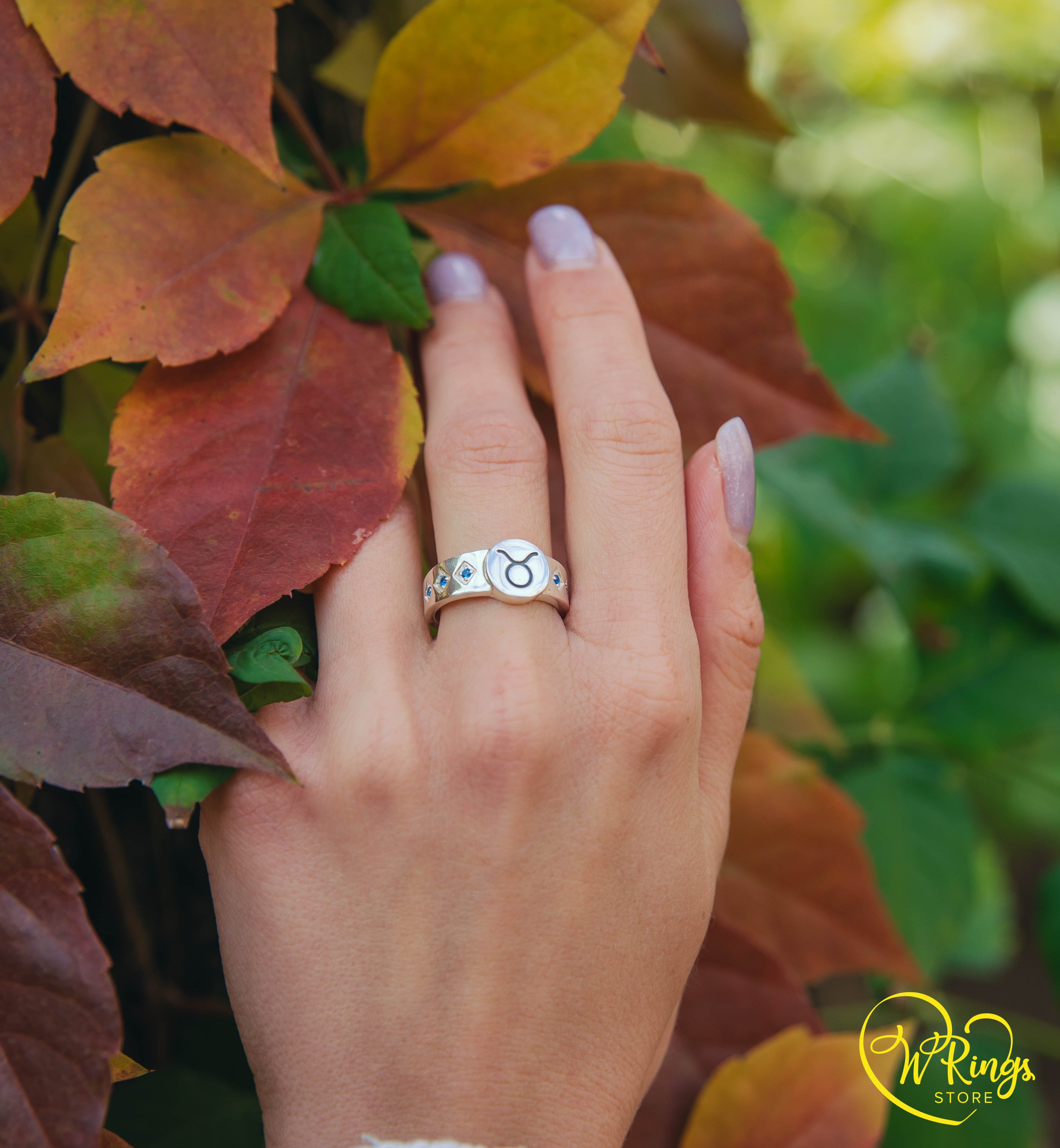 Round shape Taurus Signet Ring in Silver with side Sapphires