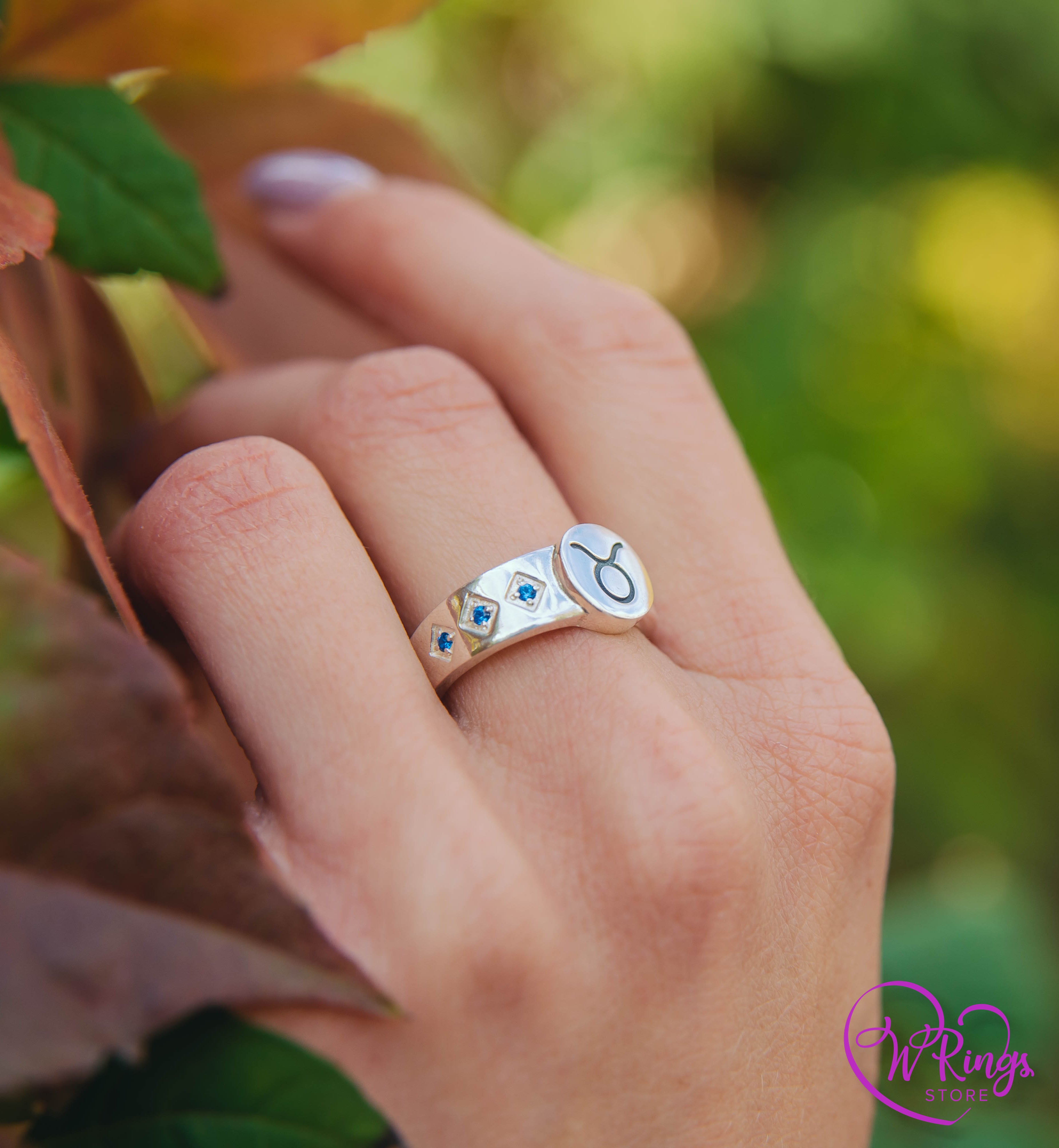 Round shape Taurus Signet Ring in Silver with side Sapphires