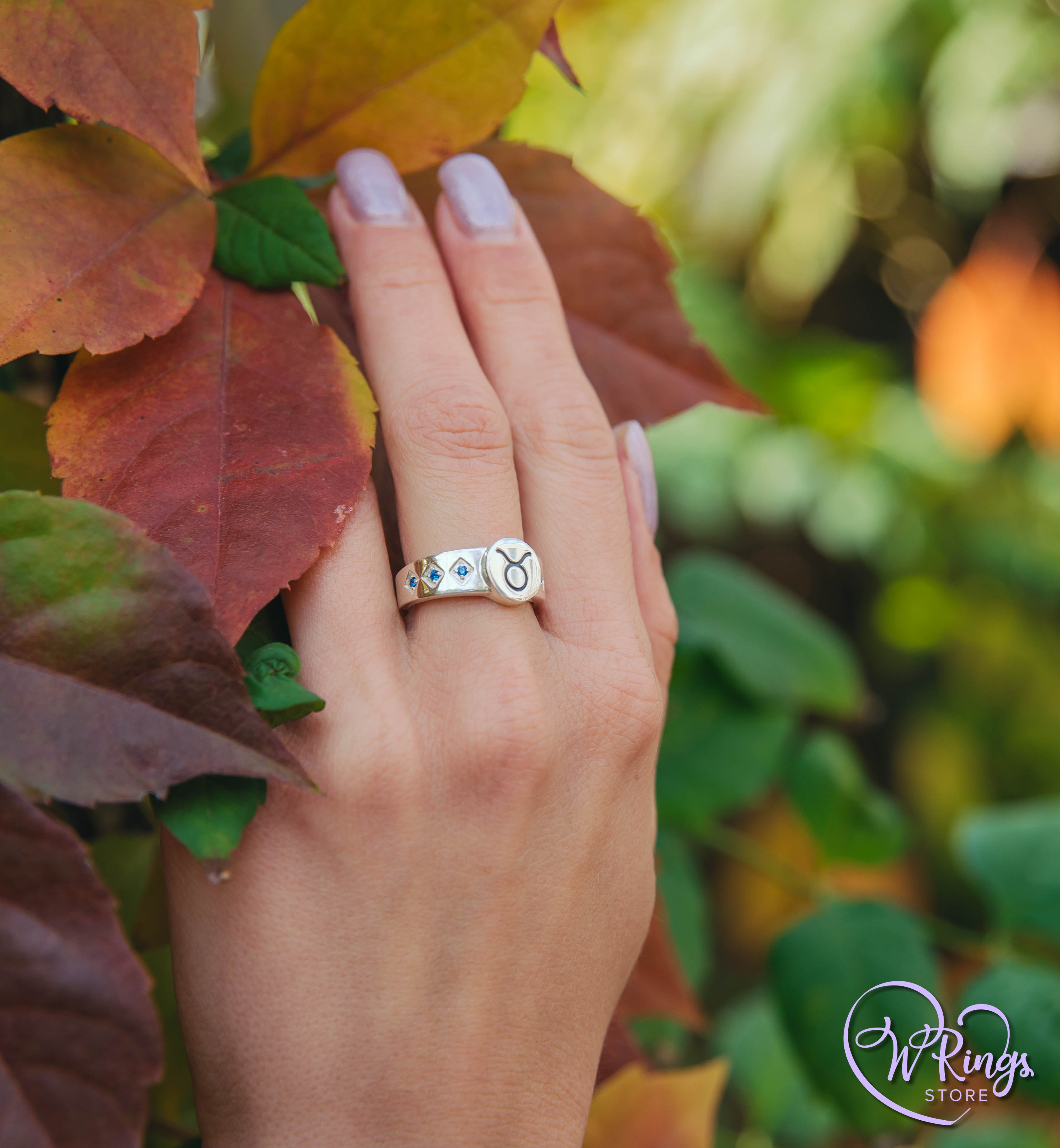 Round shape Taurus Signet Ring in Silver with side Sapphires