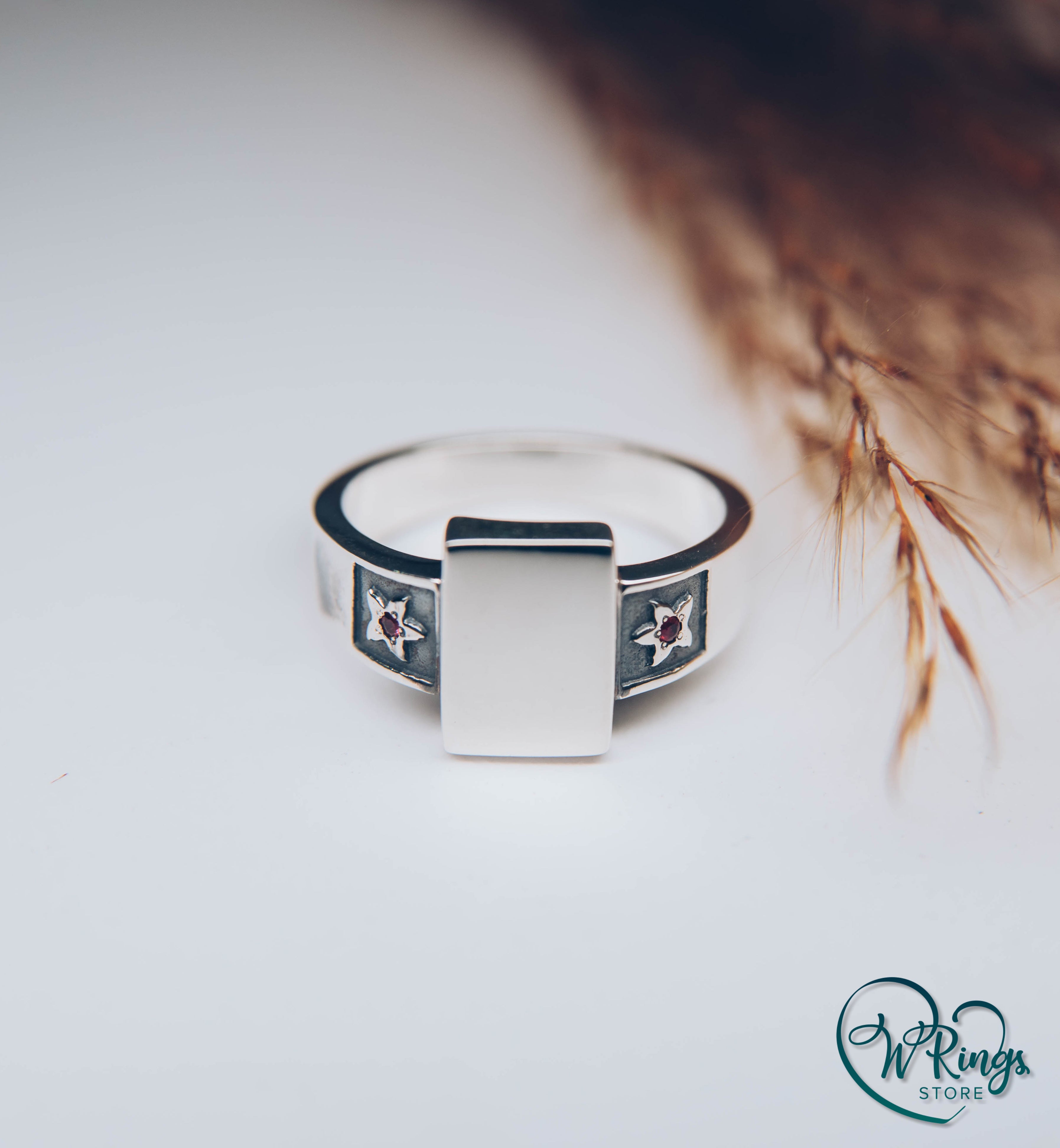 Side Flowers with Rubies Rectangle shape Silver Signet Ring