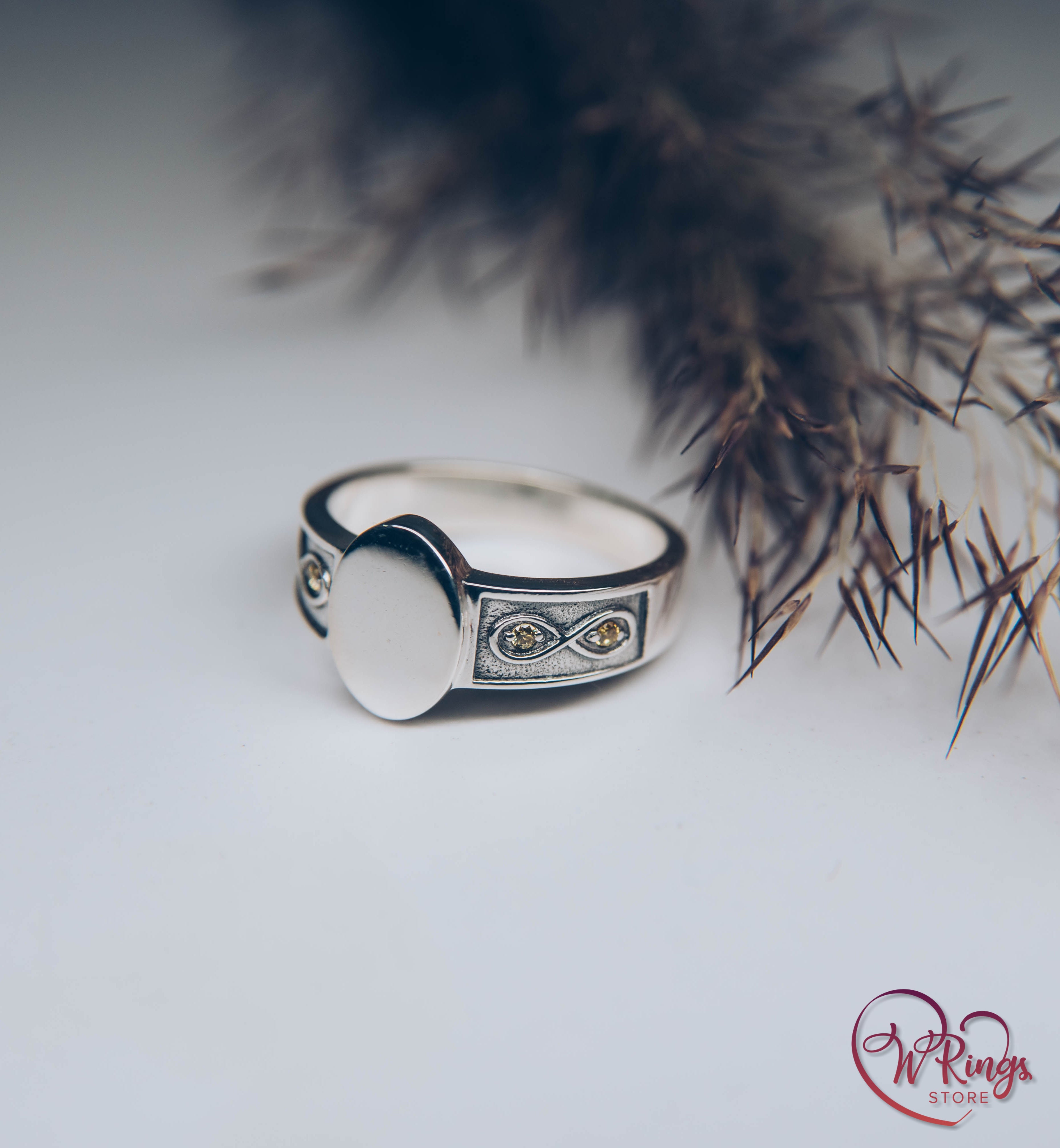 Side Infinity symbol on Silver Oval Signet Ring with small Gemstones