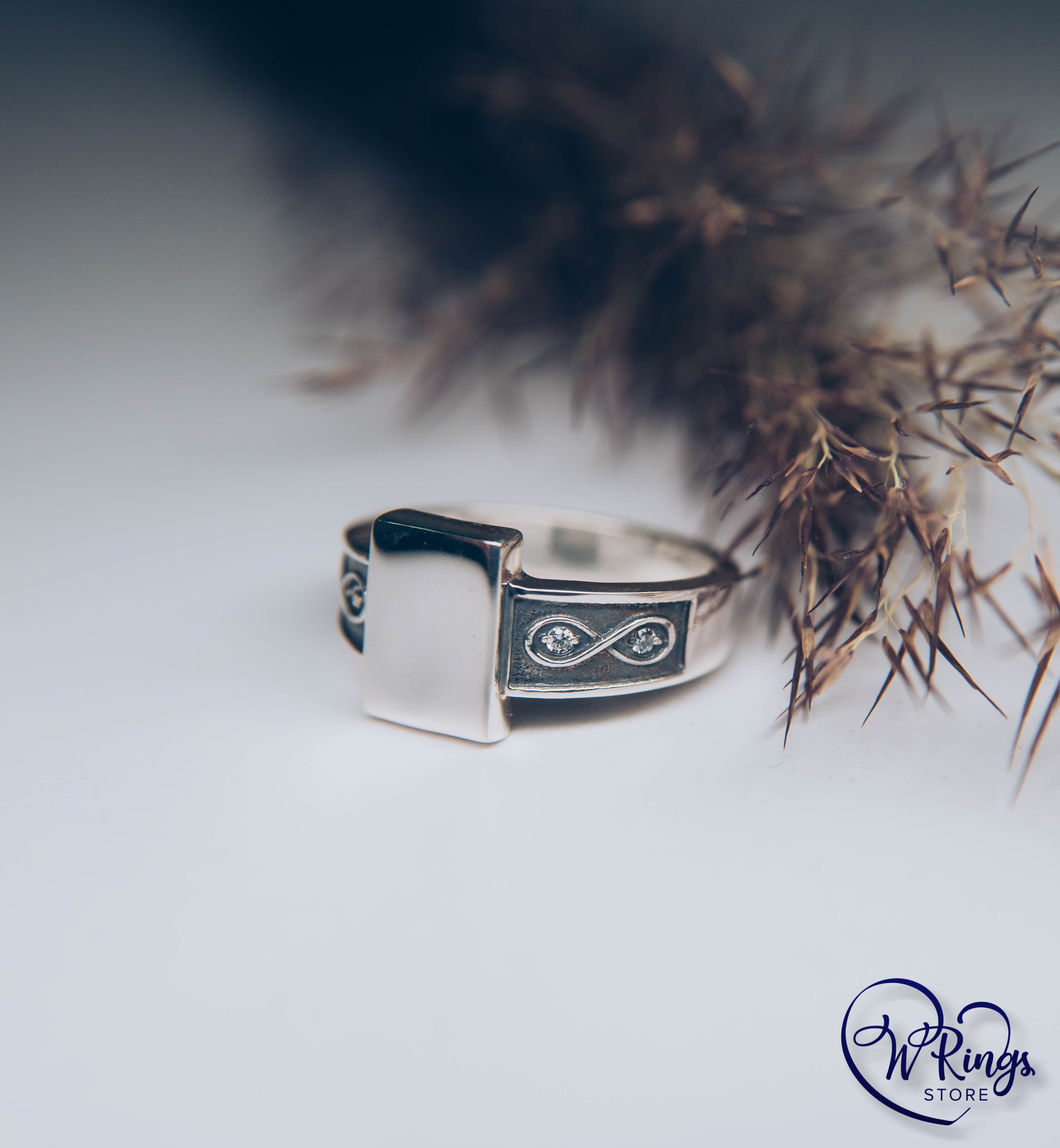 Side Infinity symbol & Rectangle Signet Ring with small Gemstones