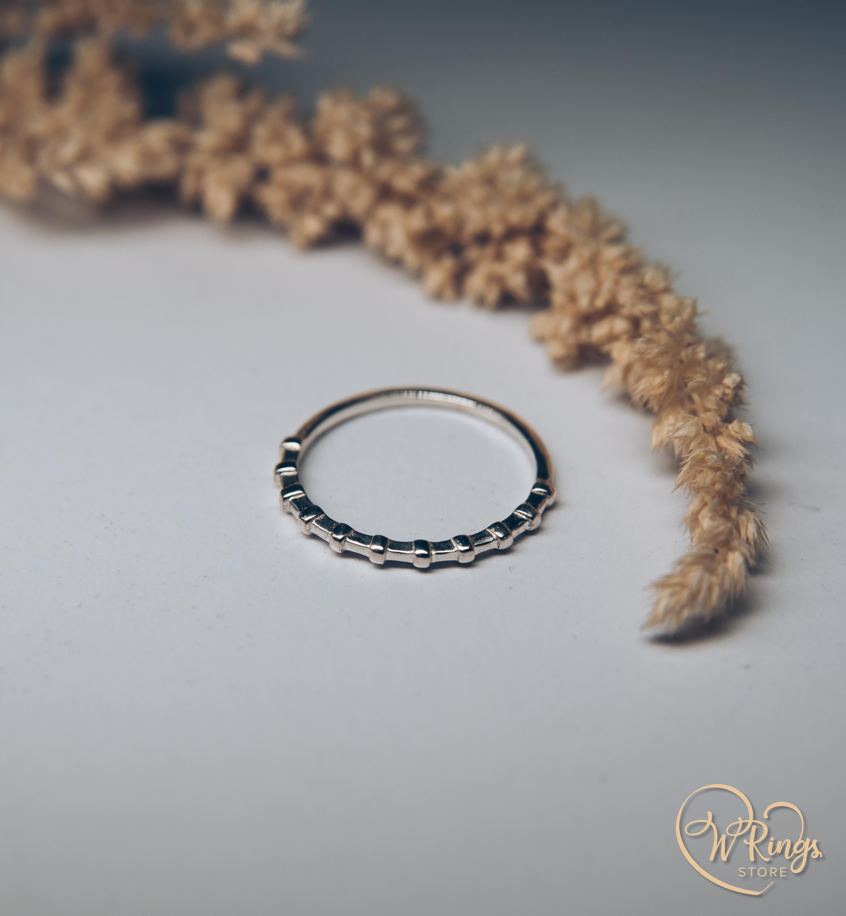 Simple & Thin Sterling Silver half Beaded Stacking Ring