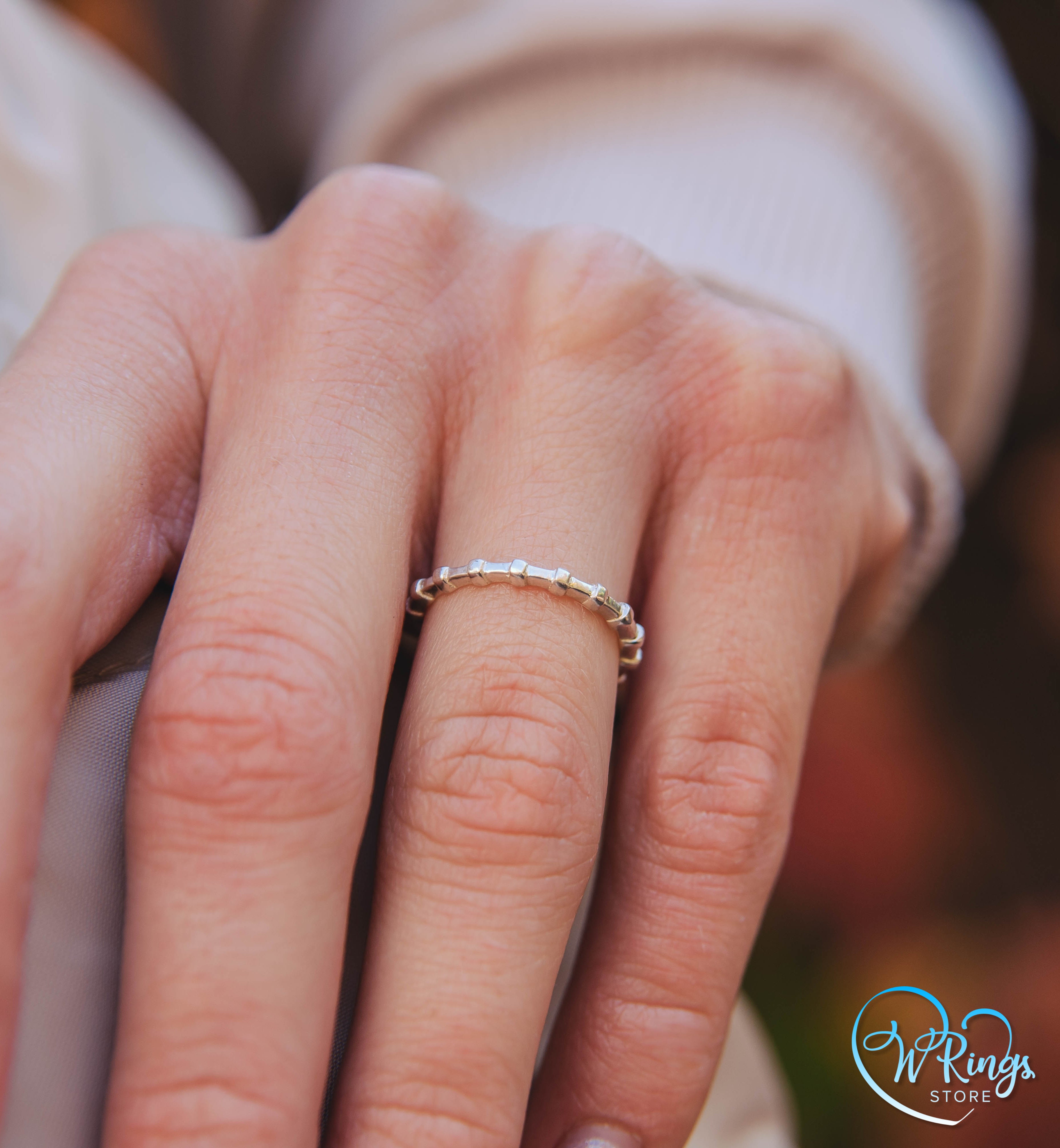 Simple & Thin Sterling Silver half Beaded Stacking Ring