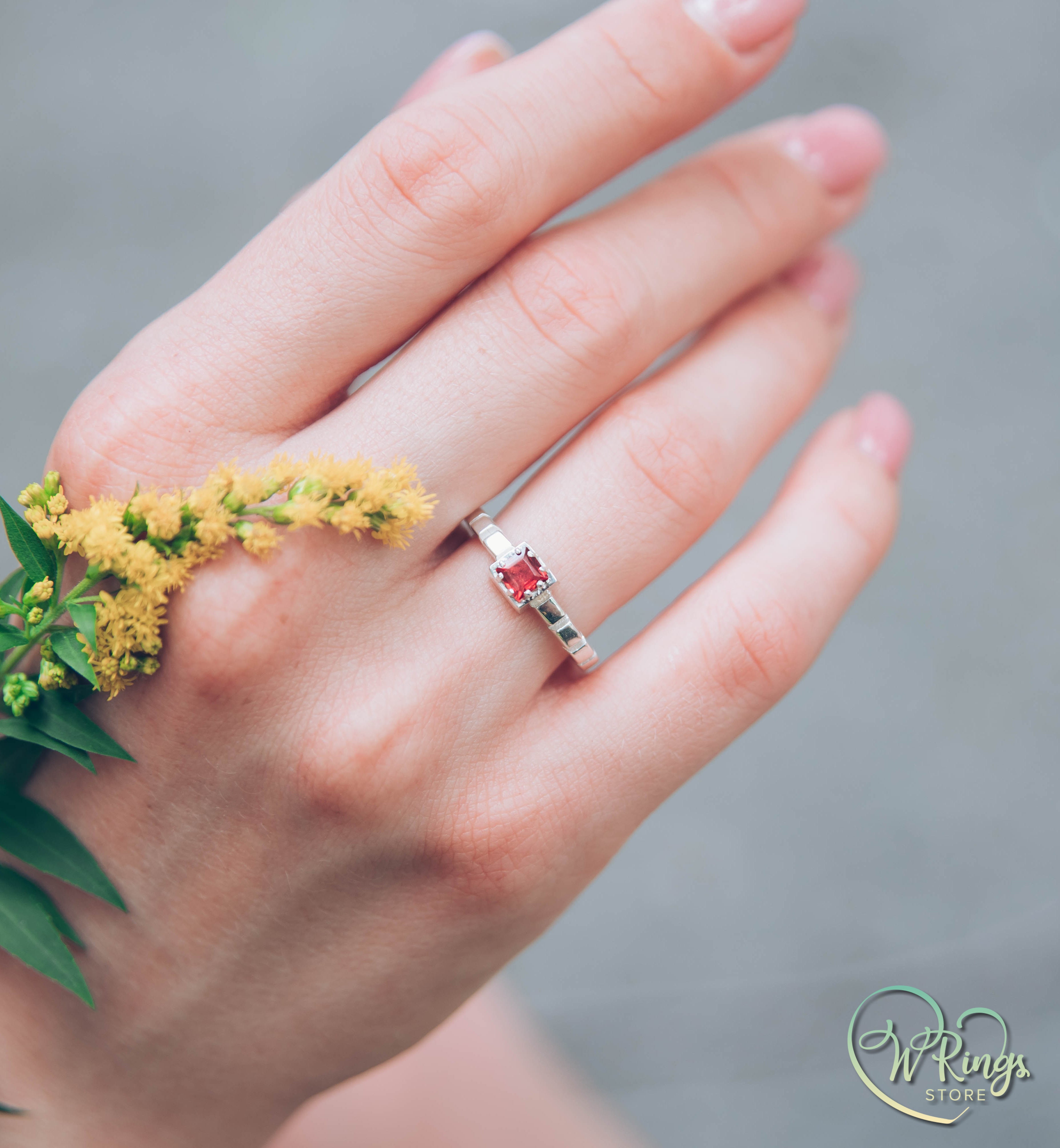 Square Garnet Solitaire Engagement Ring in Silver with notched shank