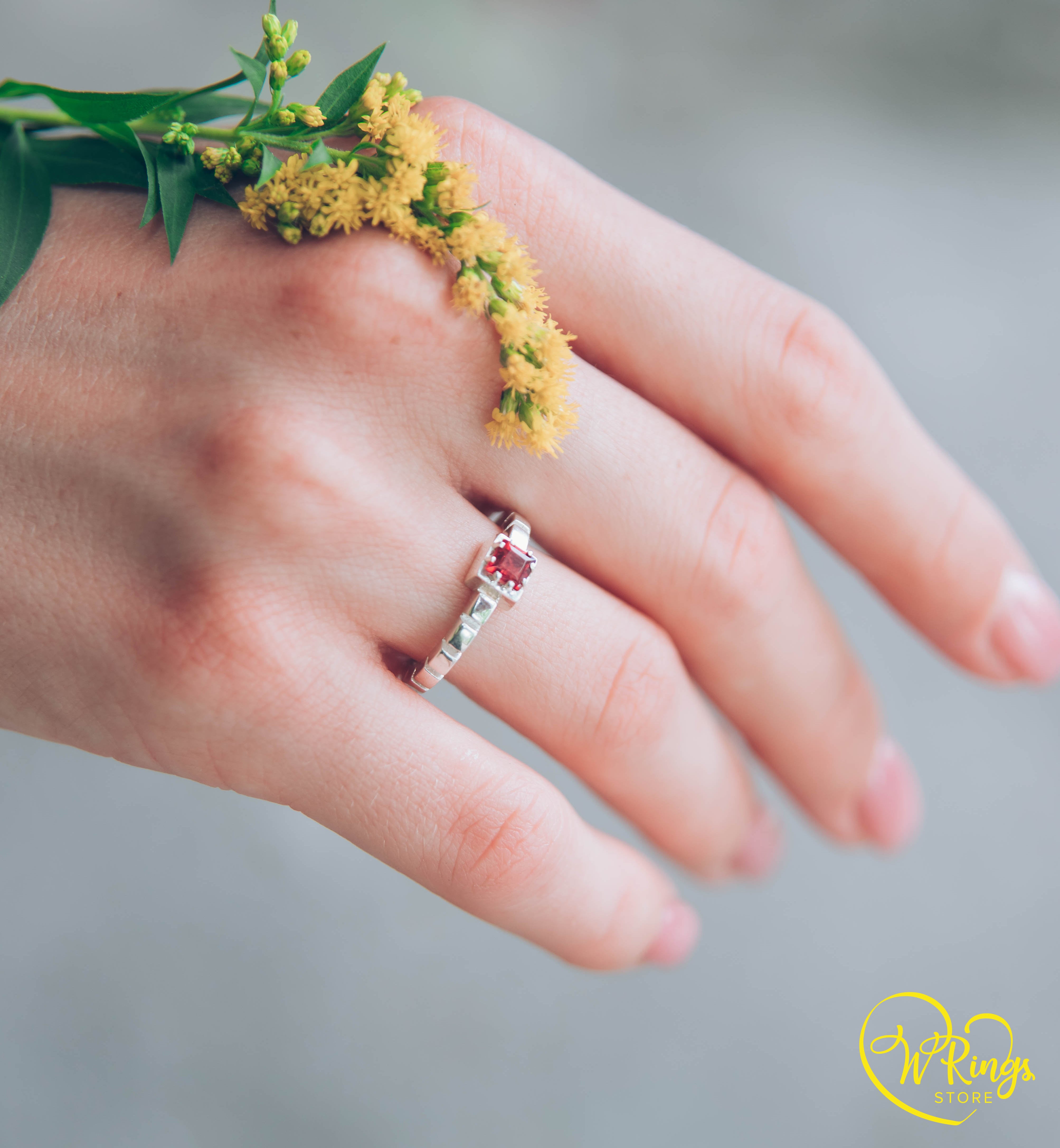 Square Garnet Solitaire Engagement Ring in Silver with notched shank