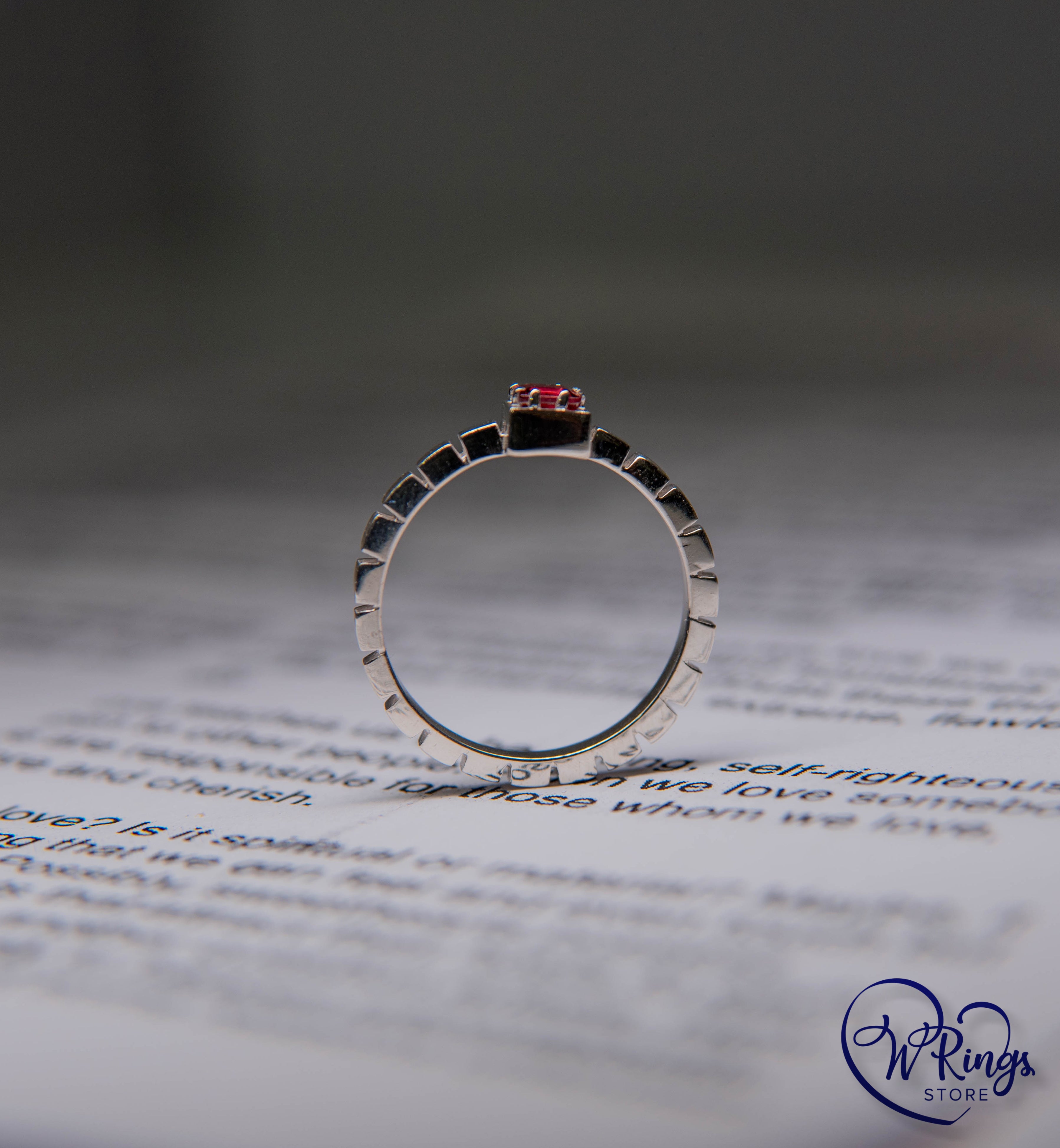 Square Garnet Solitaire Engagement Ring in Silver with notched shank