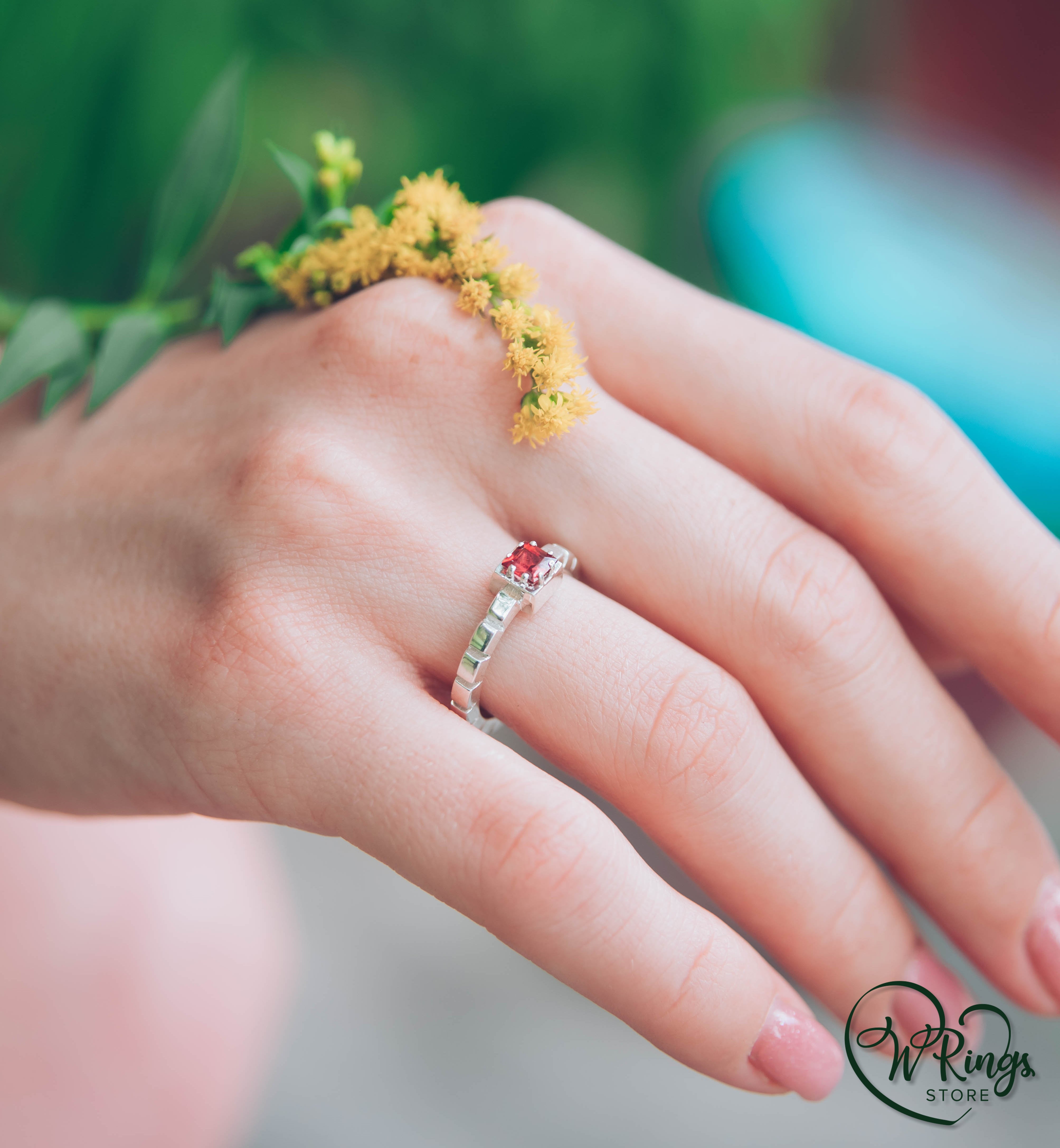 Square Garnet Solitaire Engagement Ring in Silver with notched shank