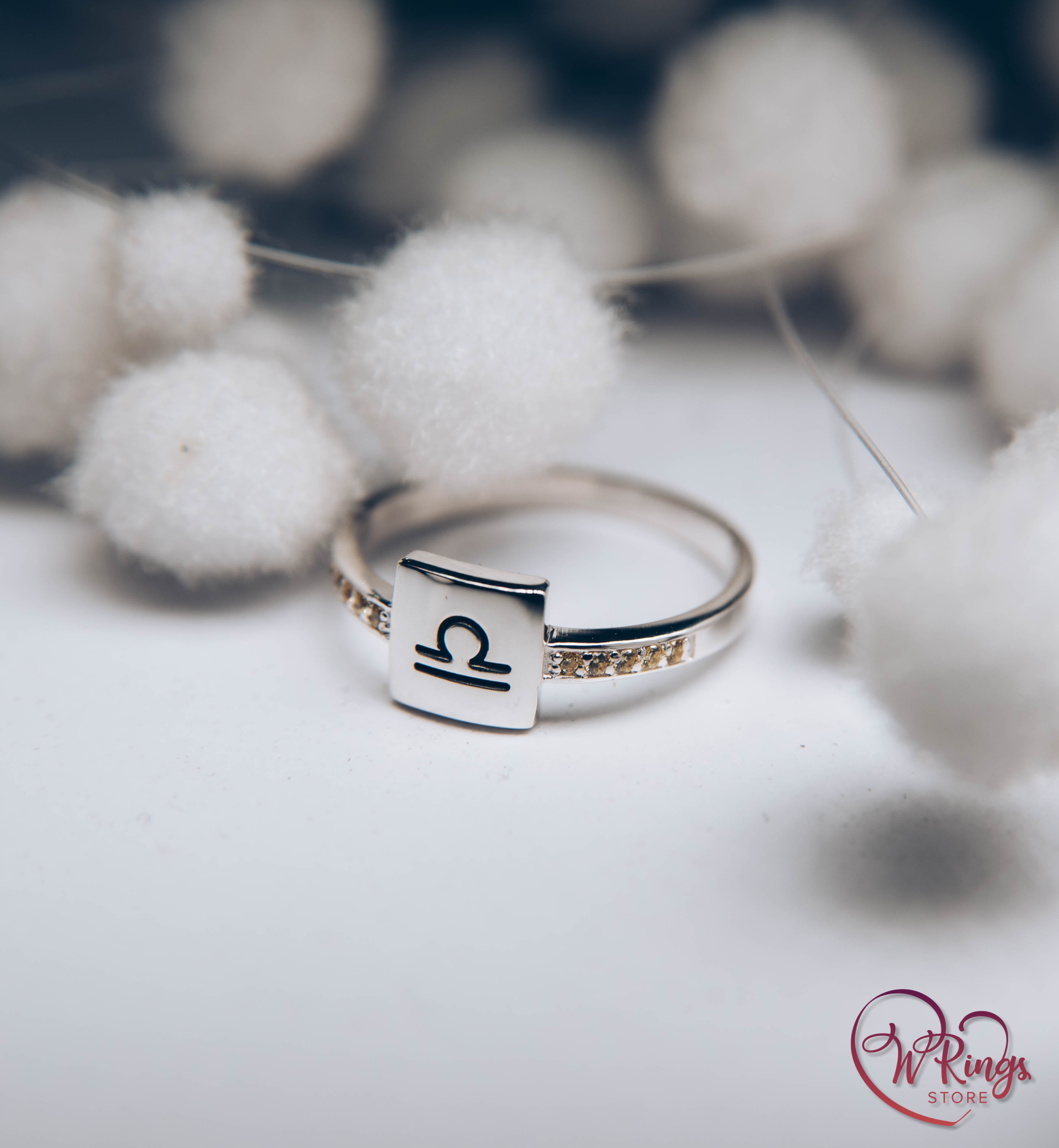 Square Shape Libra Signet Ring in Silver & Side Citrines