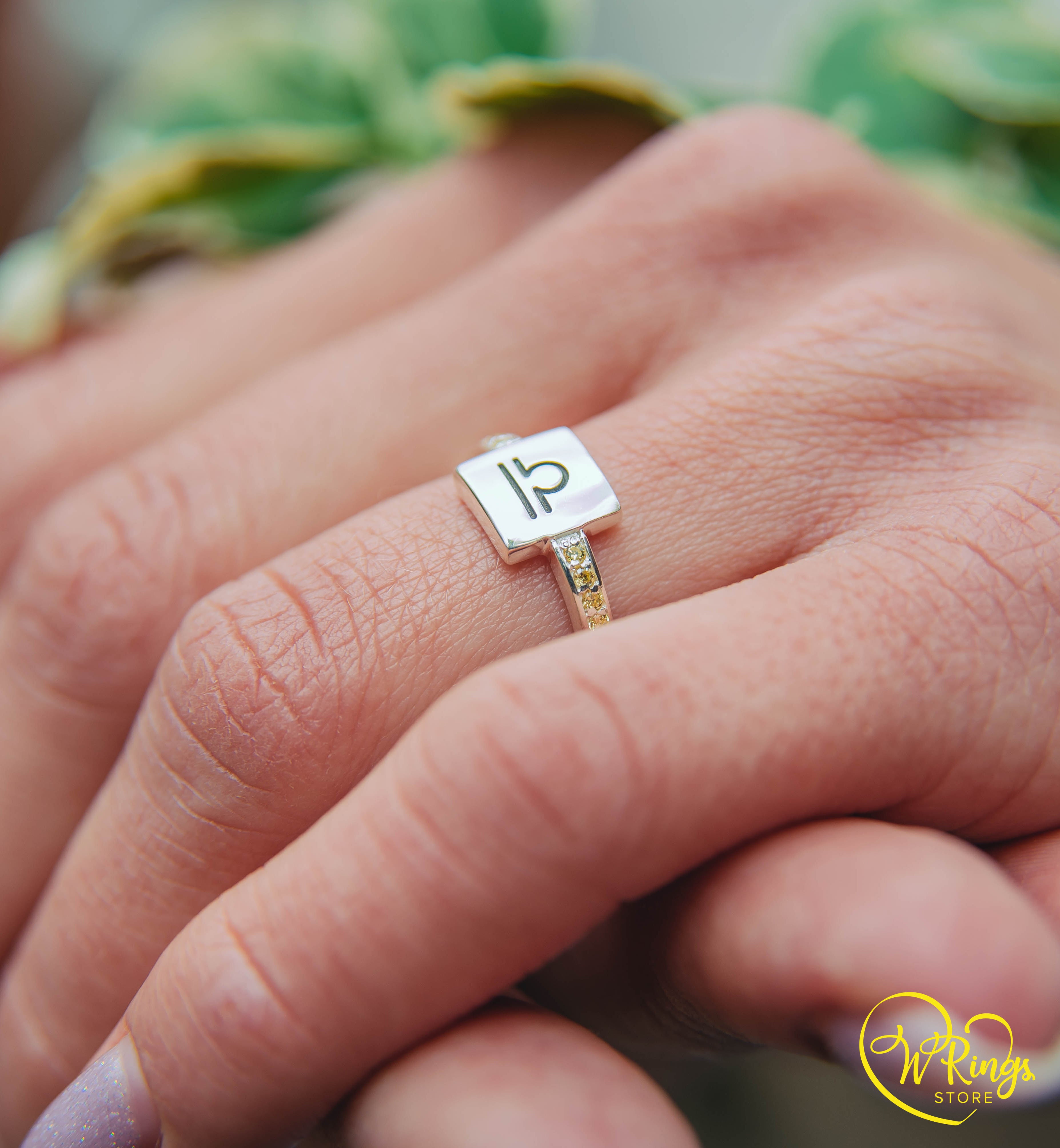 Square Shape Libra Signet Ring in Silver & Side Citrines