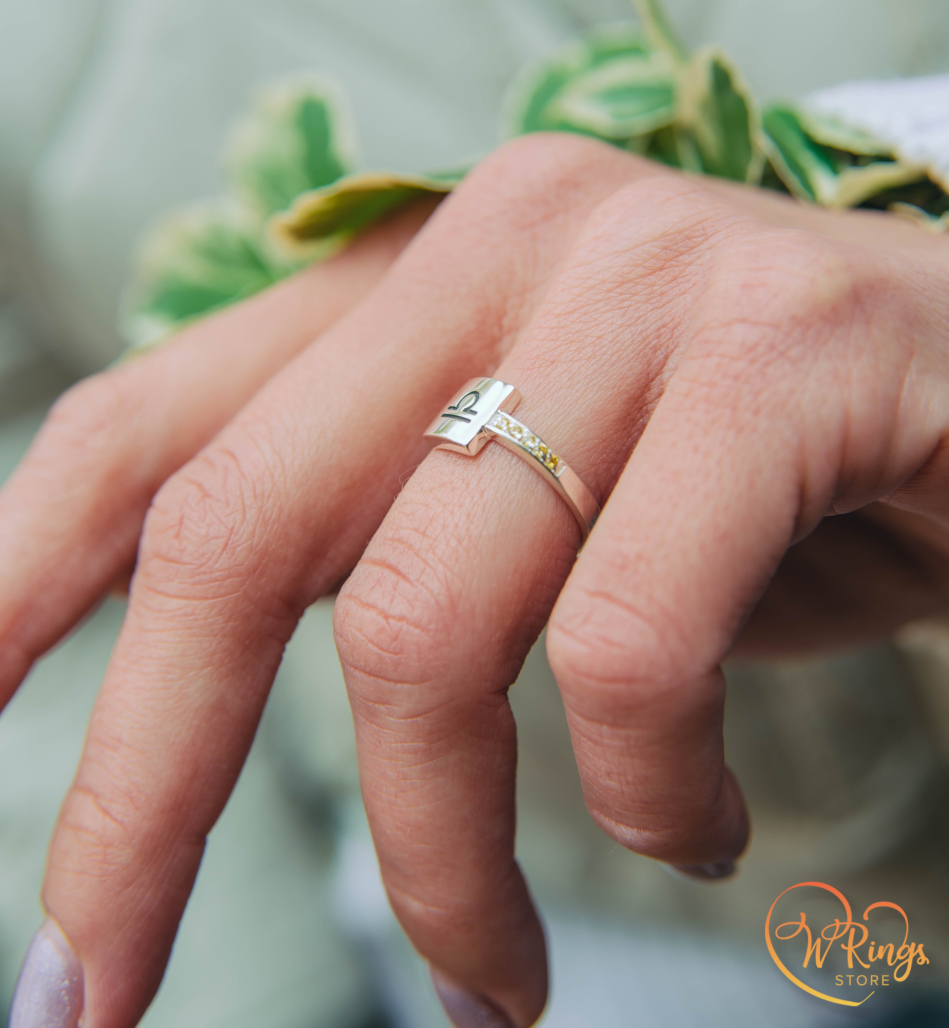 Square Shape Libra Signet Ring in Silver & Side Citrines